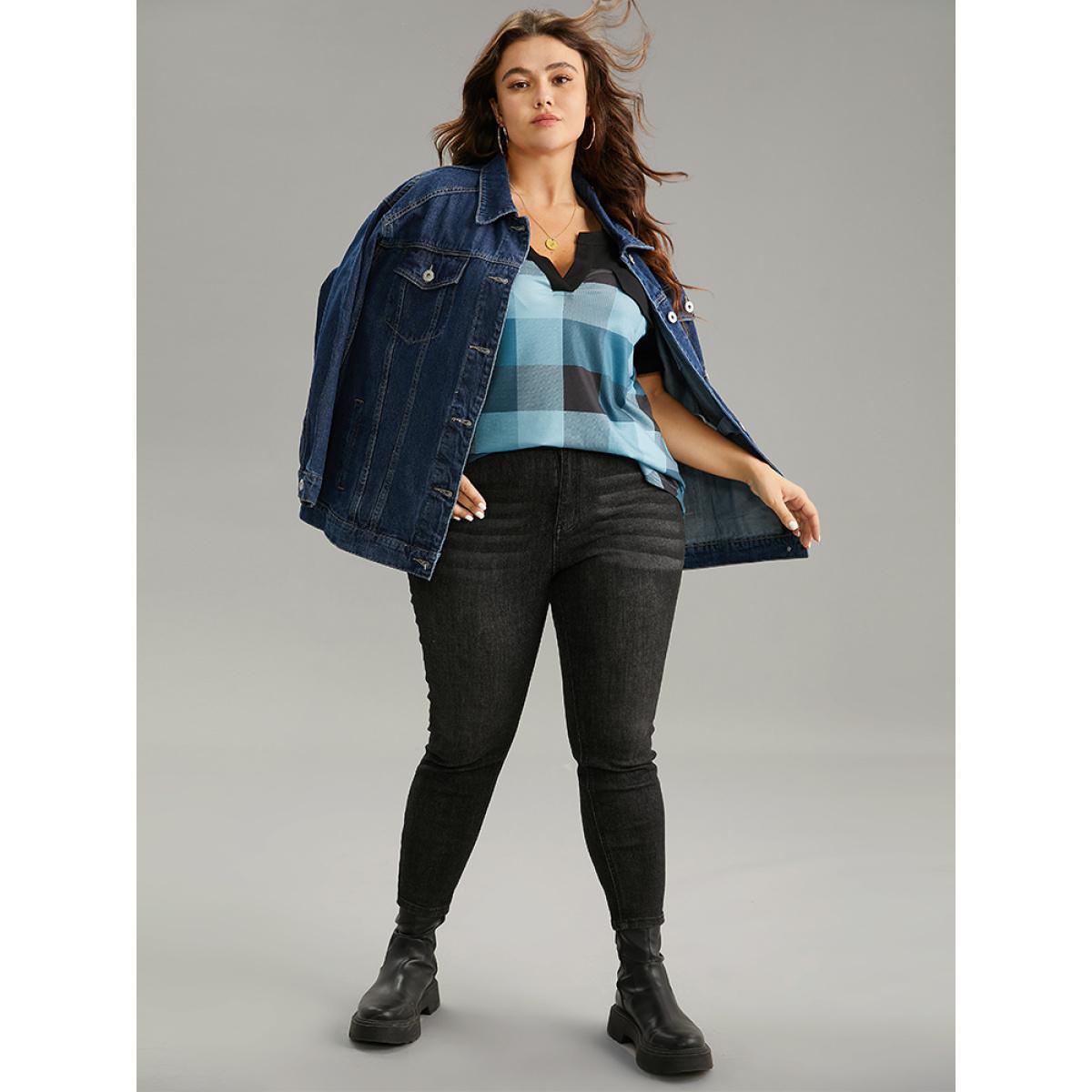 Plus Size Plaid Patchwork Contrast Notched Arc Hem T-shirt Multicolor Women Casual Contrast Plaid Notched collar Everyday T-shirts BloomChic 18-20/2X Product Image