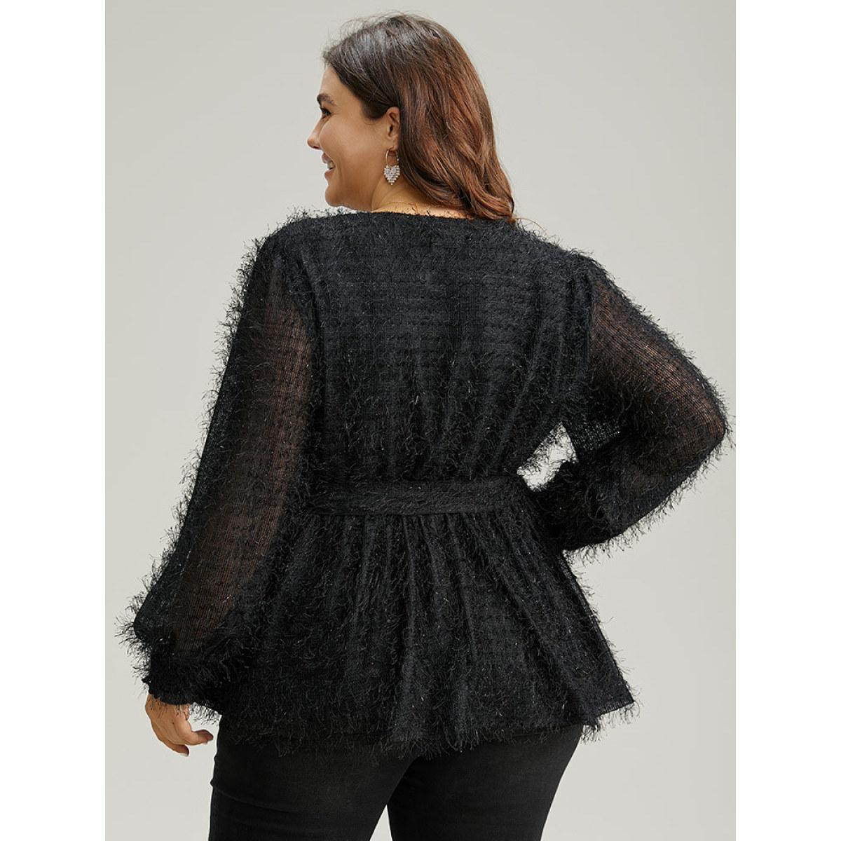 Plus Size Black Solid Tassel Mesh Patchwork Belted Wrap Blouse Women Glamour Long Sleeve Overlap Collar Festival-Christmas Blouses BloomChic 12/L Product Image