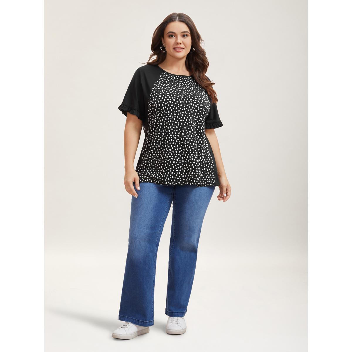 Plus Size Printed Spliced Raglan Sleeve Ruffled T-Shirt Black Women Casual Contrast Round Neck Everyday T-shirts BloomChic 28/5X Product Image