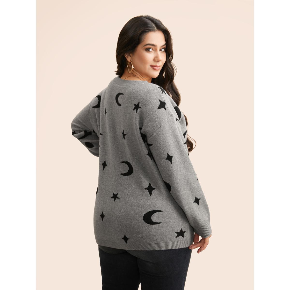 Plus Size Supersoft Essentials Celestial Jacquard V-Neck Pullover Mediumgray Women Casual Long Sleeve V-neck Everyday Pullovers BloomChic 30/6X Product Image