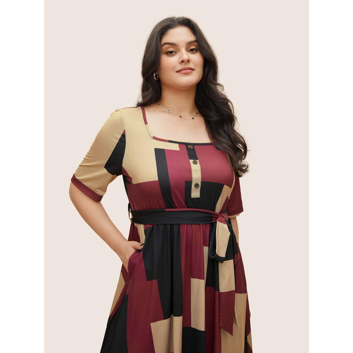 Plus Size Geometric Colorblock Contrast Square Neck Belted Dress Burgundy Women At the Office Non Square Neck Half Sleeve Curvy Midi Dress BloomChic 12/L Product Image