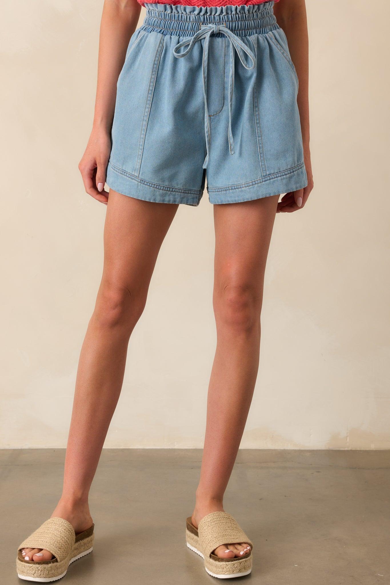 First Things First Light Wash Cotton Drawstring Denim Shorts Product Image