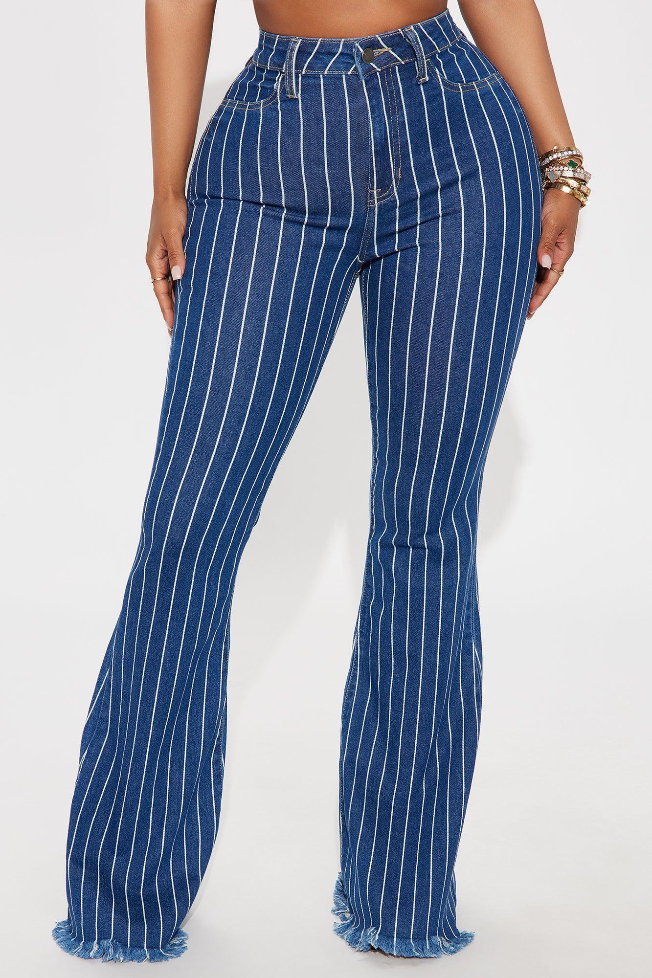 Crossed The Line Striped Flare Jeans - Dark Wash Female Product Image