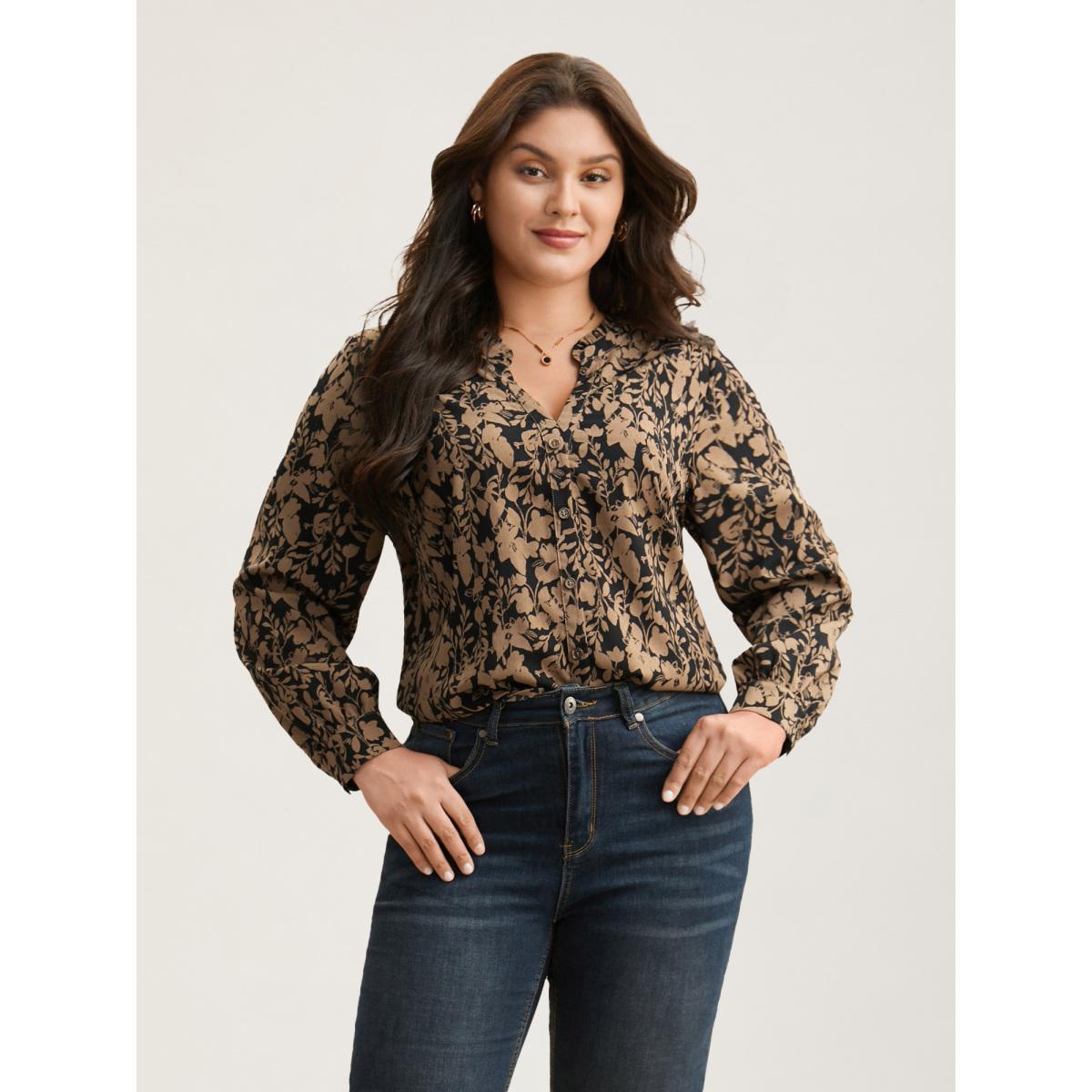 Plus Size Browncoffeecolor Silhouette Floral Print Notched Frill Trim Blouse Women Elegant Long Sleeve Notched collar Everyday Blouses BloomChic 28/5X Product Image
