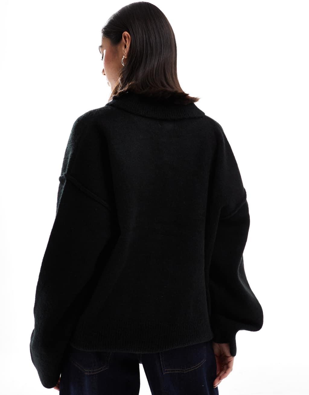 ASOS DESIGN knitted collar shirt cardigan with seam detail in black Product Image