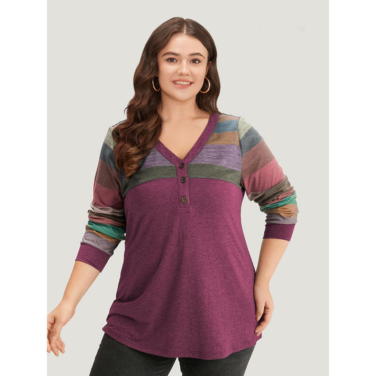Plus Size Colorblock Contrast V Neck Button Up T-shirt Russet Women Casual Elastic cuffs Striped V-neck Everyday T-shirts BloomChic 12/L Product Image