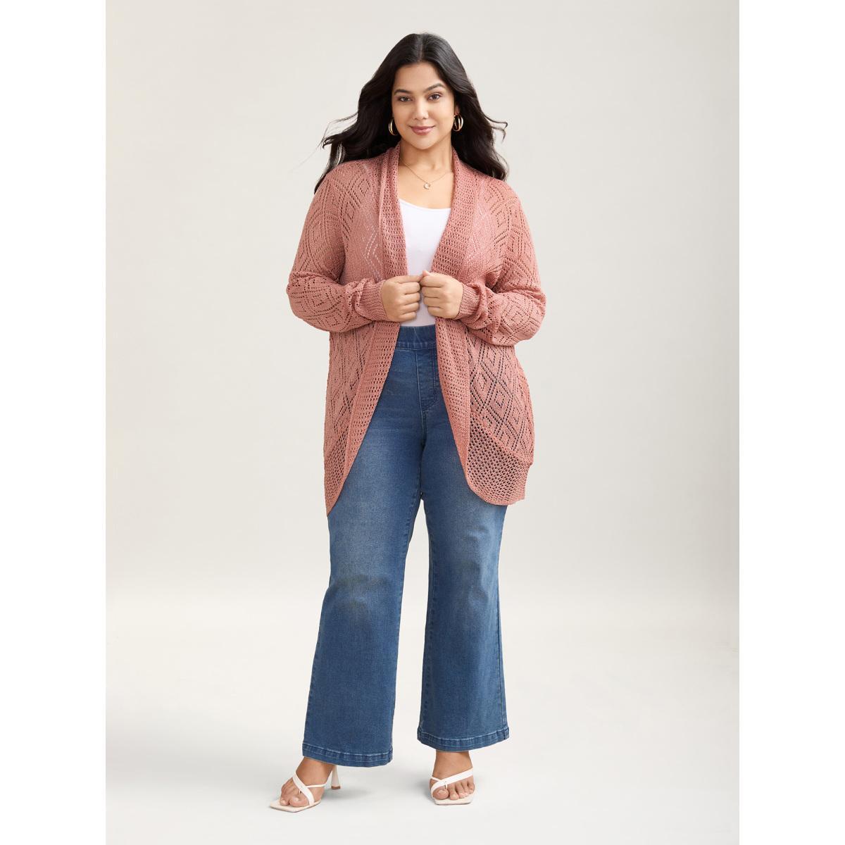 Plus Size Textured Cut-Out Arc Hem Knit Cardigan Salmon Women Casual Loose Long Sleeve Everyday Cardigans BloomChic 12/L Product Image