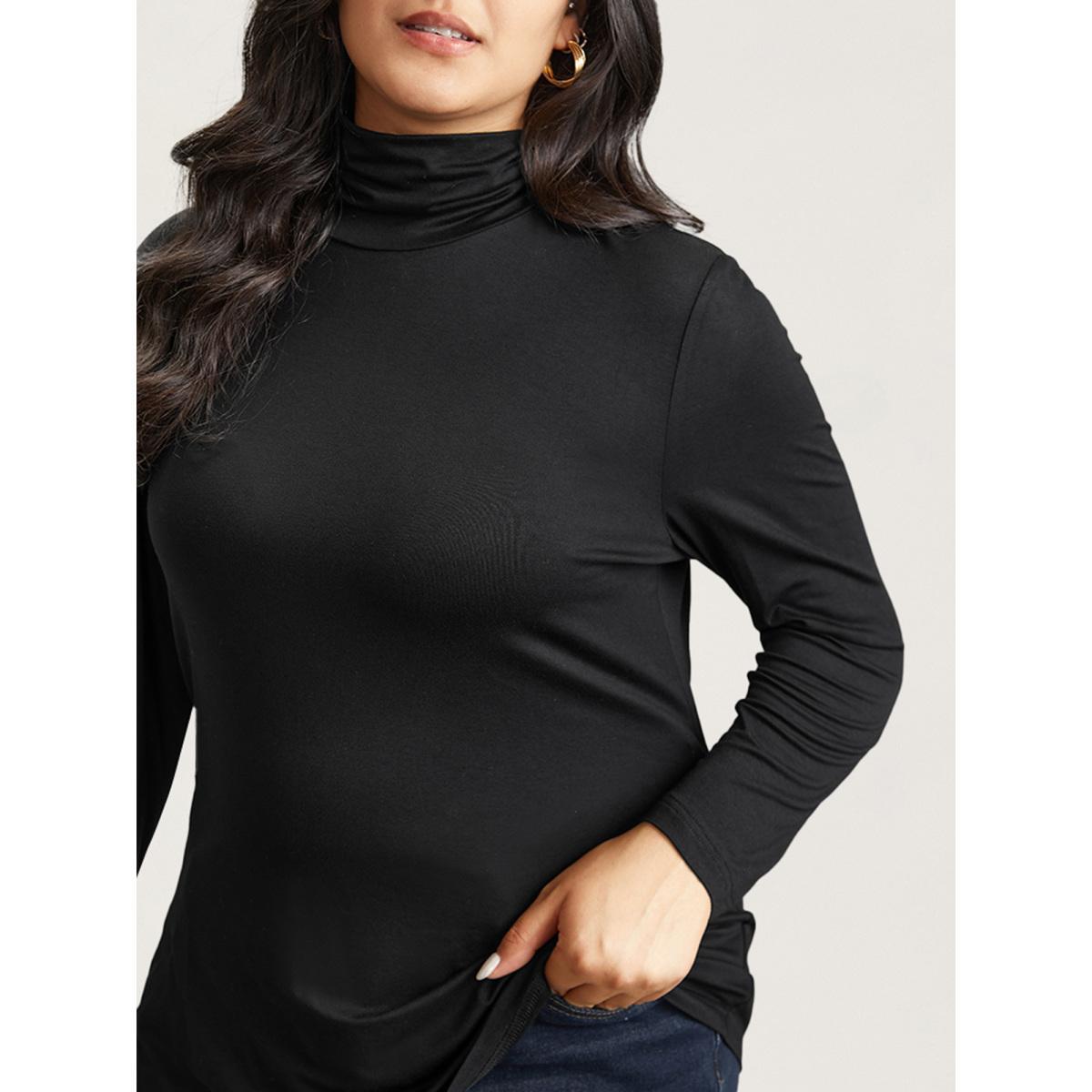 Plus Size Supersoft Essentials Solid Funnel Neck Knit T-shirt Black Women Elegant Plain Plain Ruffled collar Bodycon Dailywear T-shirts BloomChic 10/M Product Image