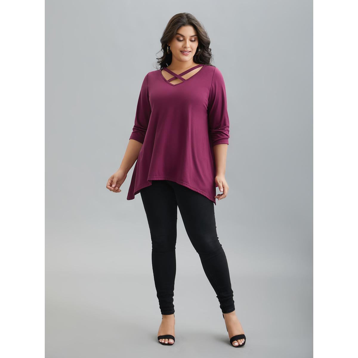Plus Size Crossover Neck-Tie Flared T-Shirt RedViolet Women Casual Asymmetrical V-neck Loose Everyday T-shirts BloomChic 18-20/2X Product Image