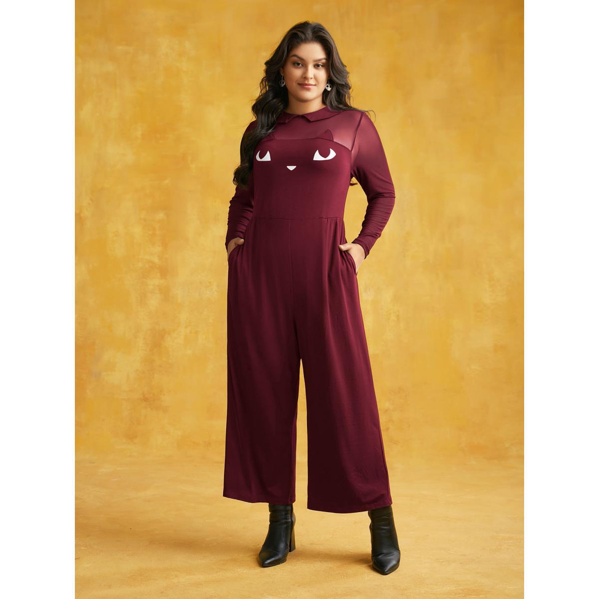 Plus Size Scarlet Stretch Fabric Spooky Cat Jumpsuit Women Cocktail Long Sleeve Round Neck Party Loose Jumpsuits BloomChic 22-24/3X Product Image