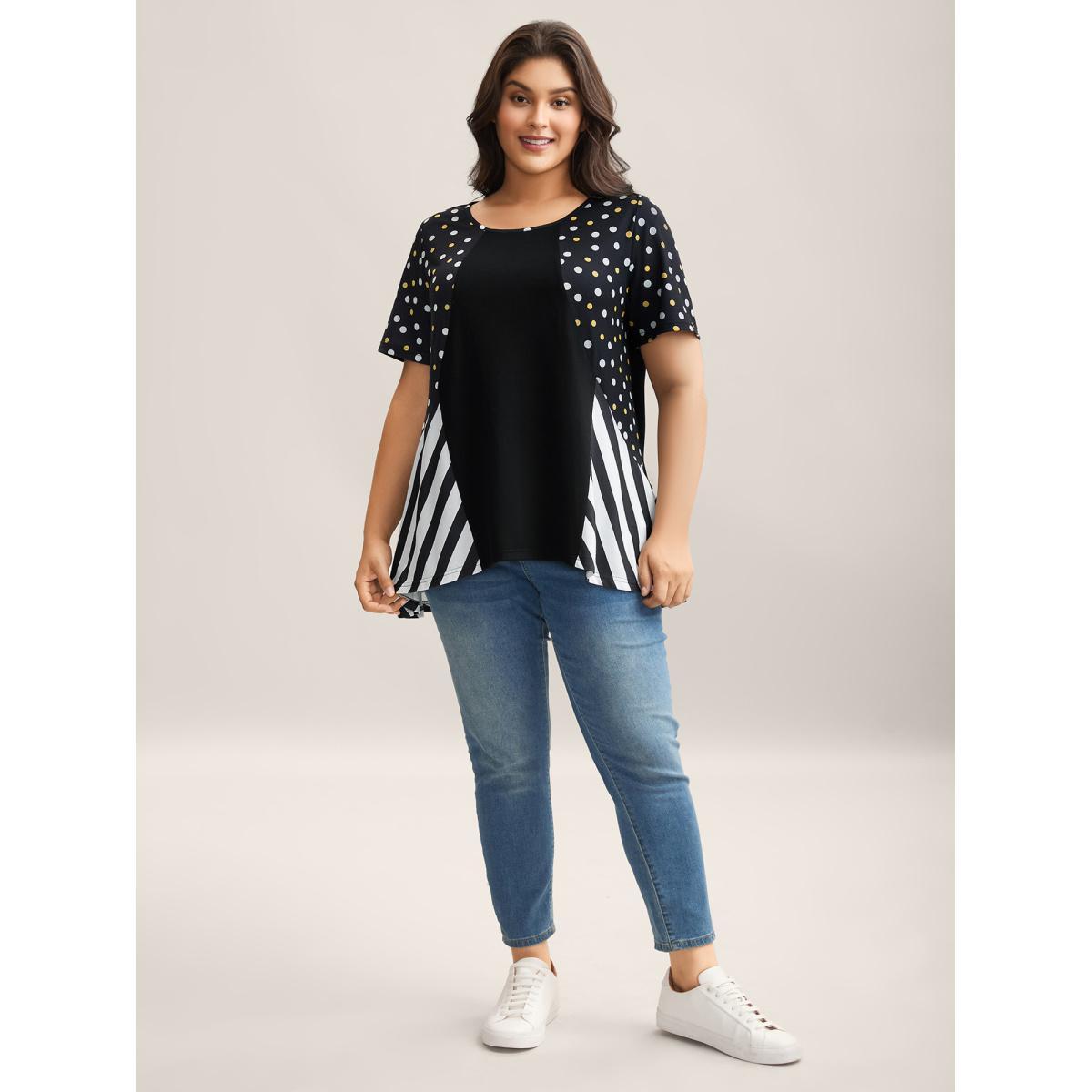 Plus Size Supersoft Stretchy Polka Dots Stripe T-Shirt Black Women Contrast Round Neck Everyday-Casual T-shirts BloomChic 28/5X Product Image