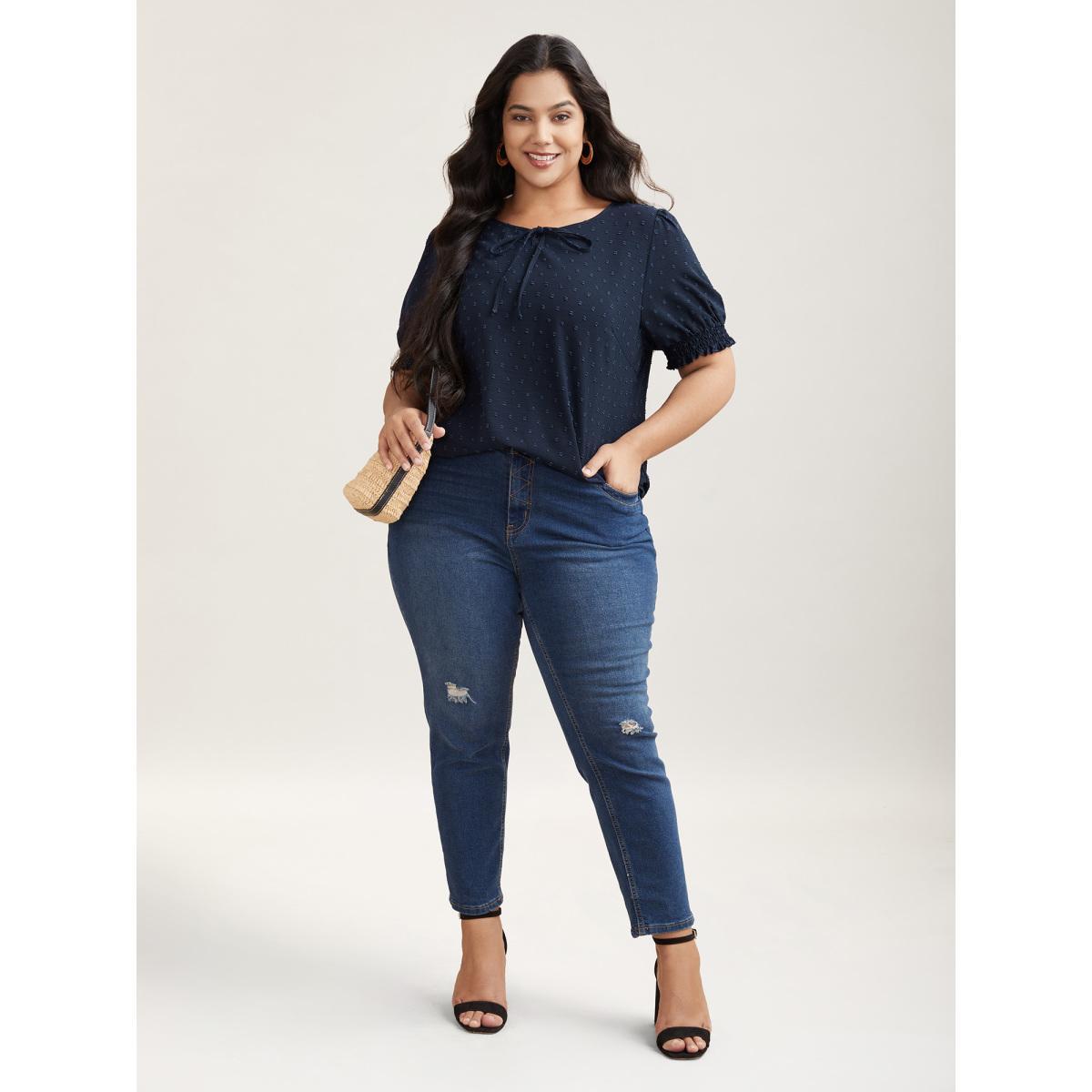 Plus Size Indigo Shirred Puff Sleeve Neck-Tie Shirt Women Resort Short sleeve Round Neck Vacation Blouses BloomChic 26/4X Product Image