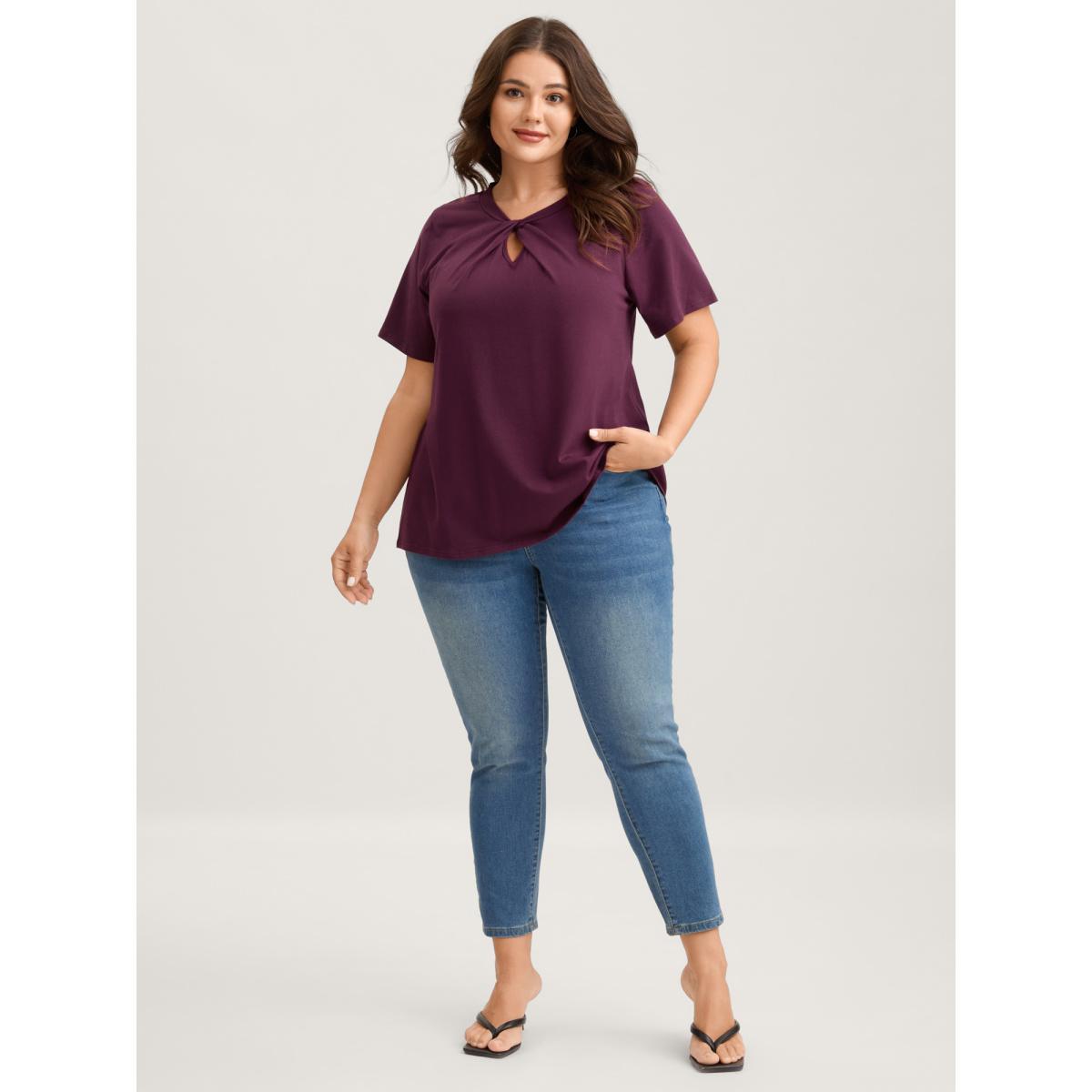 Plus Size Knotted Cut-Out Neckline Solid T-Shirt Eggplant Women Twist Round Neck Everyday-Elegant T-shirts BloomChic 28/5X Product Image