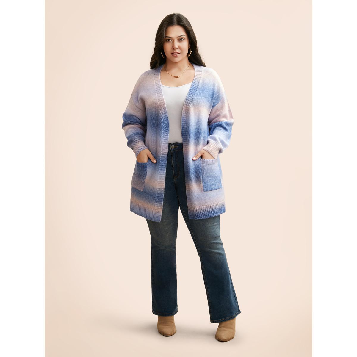 Plus Size Ombre Kimono Collar Patched Pocket Cardigan Multicolor Women Casual Loose Long Sleeve Everyday Cardigans BloomChic 10/M Product Image