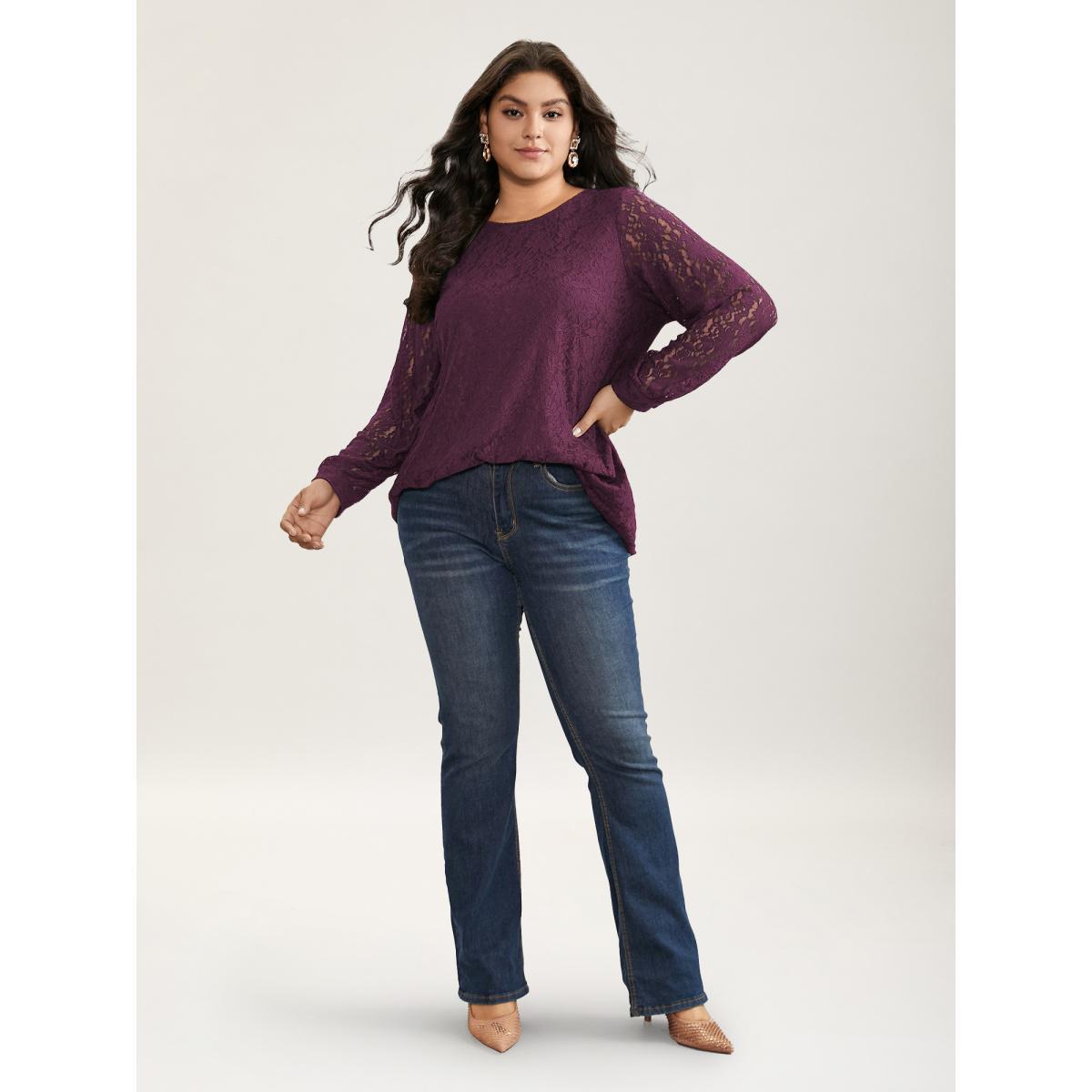 Plus Size Purple Solid Crochet Lace Mesh Crew Neck Blouse Women Cocktail Long Sleeve Round Neck Party Blouses BloomChic 14-16/1X Product Image