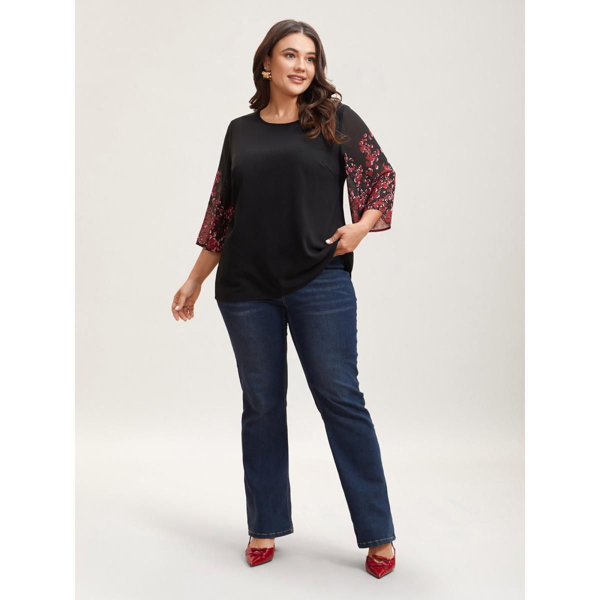 Plus Size Black Floral Spliced Round Neck Blouse Women Elegant Elbow-length sleeve Non Everyday Blouses BloomChic 22-24/3X Product Image