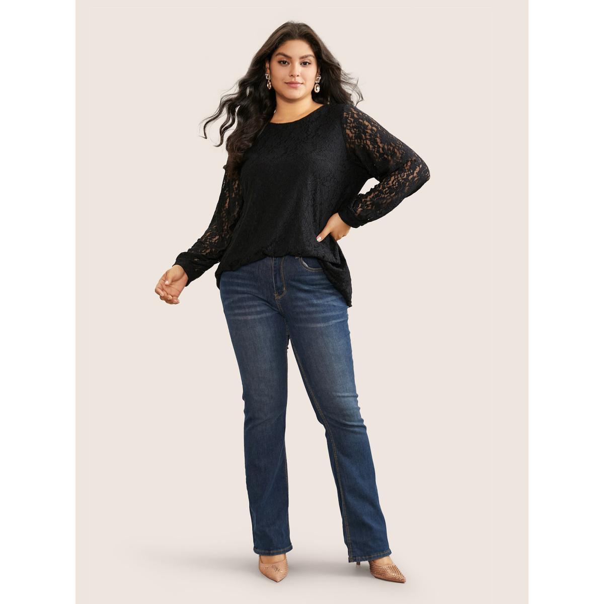 Plus Size Black Solid Crochet Lace Mesh Crew Neck Blouse Women Cocktail Long Sleeve Round Neck Party Blouses BloomChic 28/5X Product Image