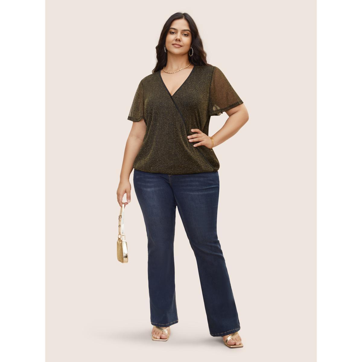 Plus Size Black Overlap Collar Metallic Luster Knitted Mesh Blouse Women Cocktail Short sleeve Overlap Collar Party Blouses BloomChic 14-16/1X Product Image