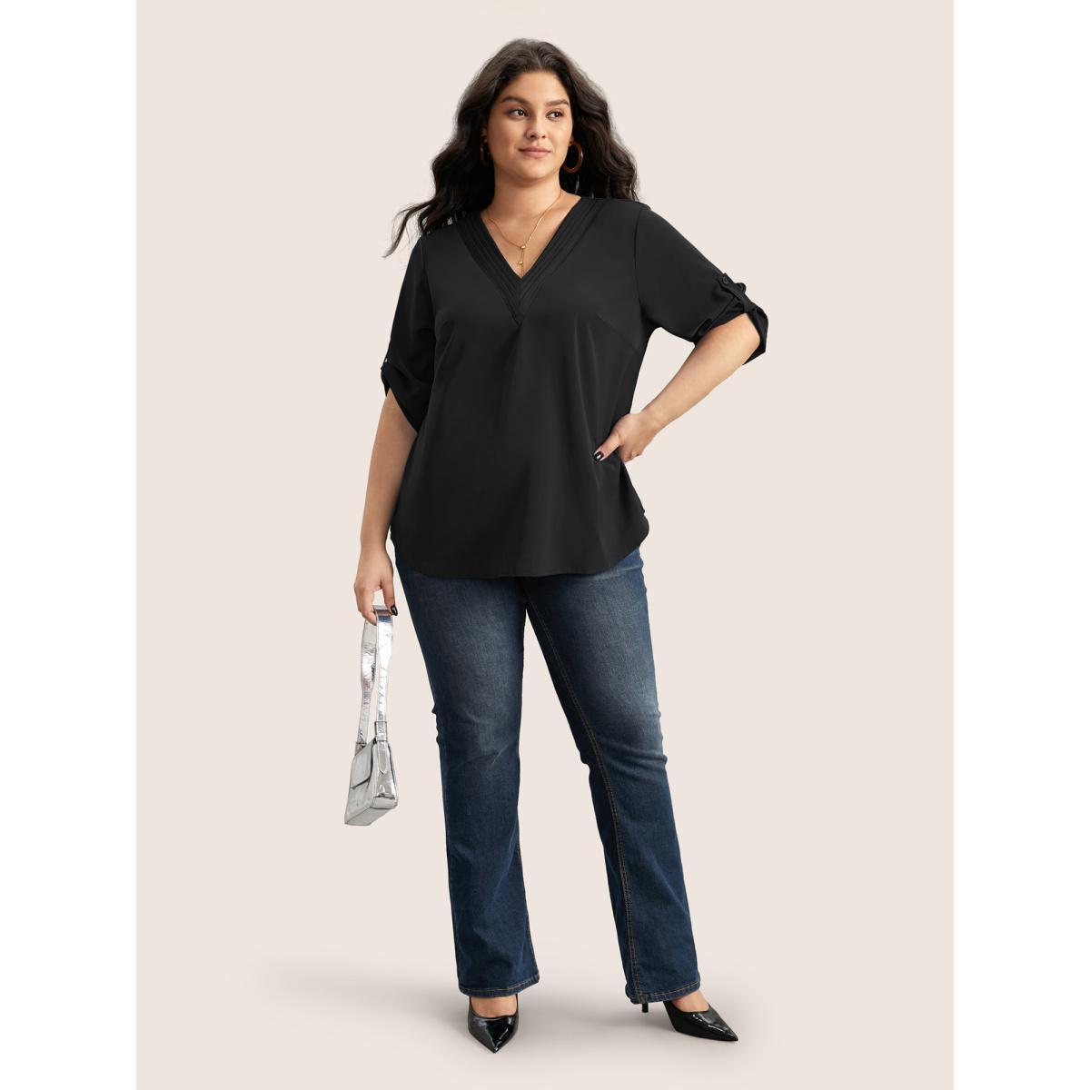 Plus Size Black V Neck Plain Pleated Tab Sleeve Blouse Women At the Office Elbow-length sleeve V-neck Work Blouses BloomChic 18-20/2X Product Image