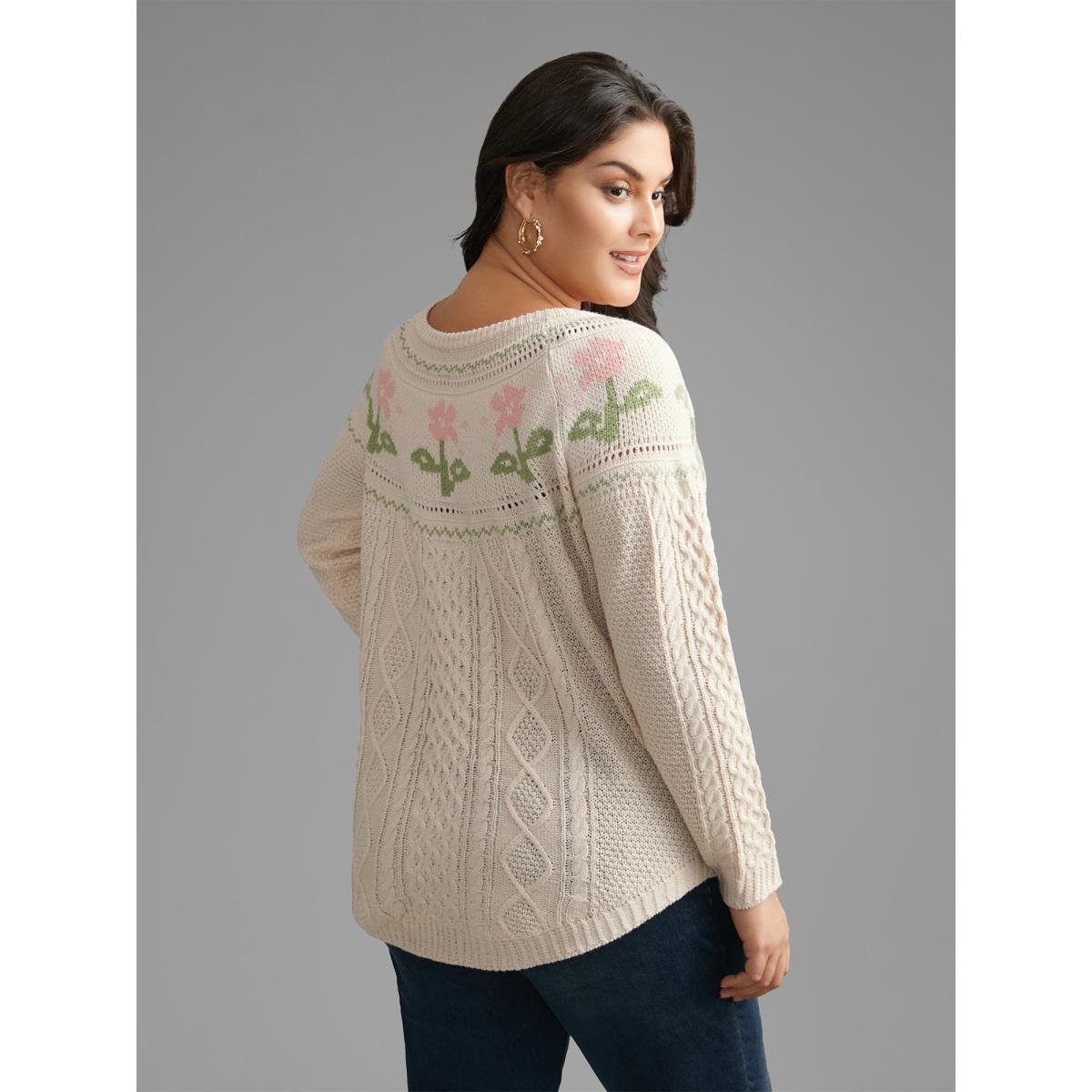 Plus Size Floral Jacquard Raglan Sleeve Pullover Apricot Women Casual Long Sleeve Round Neck Everyday Pullovers BloomChic 10/M Product Image