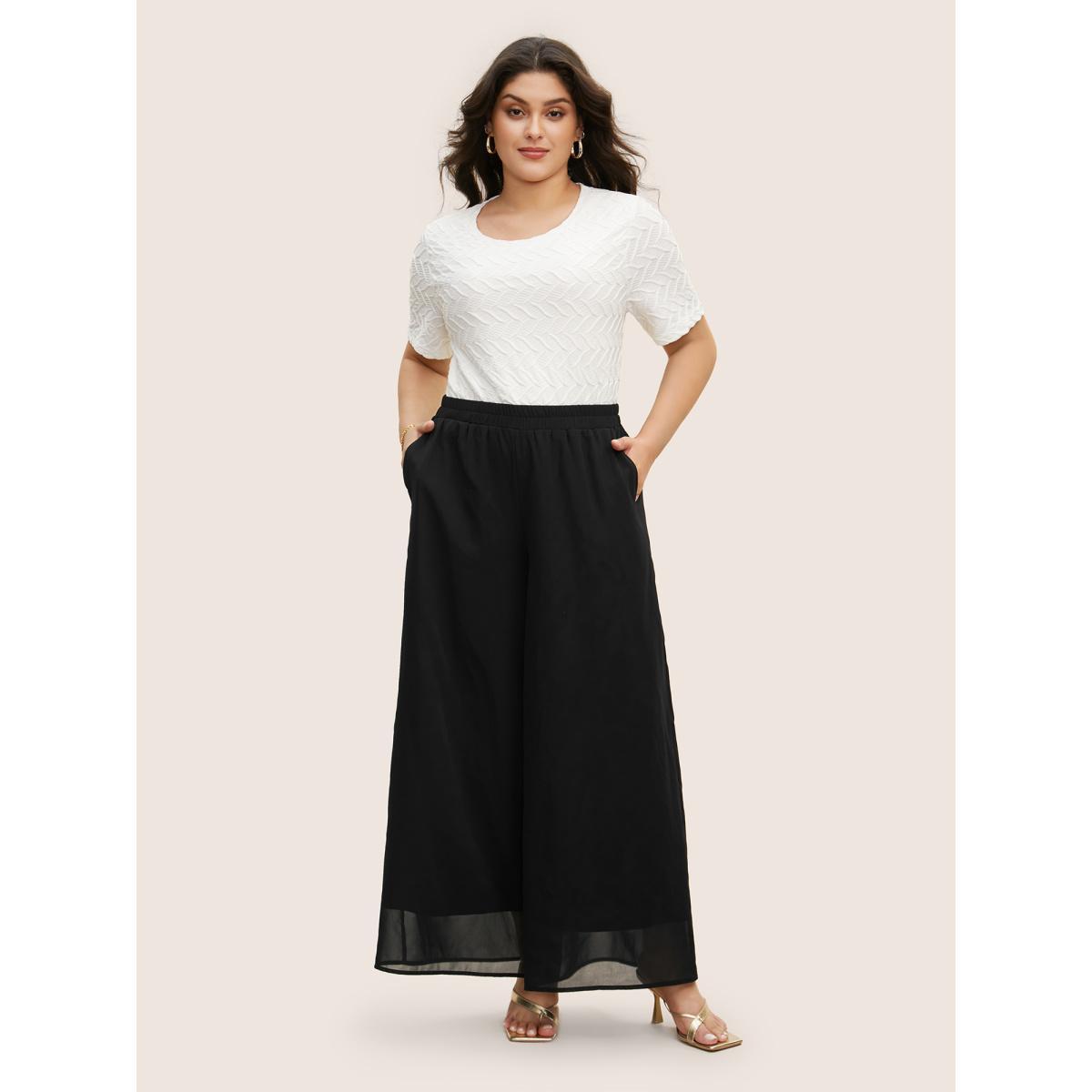 Plus Size Mid Rise Mesh Elastic Waist Wide Leg Pants Women Black Elegant Loose Mid Rise Everyday Pants BloomChic 26/4X Product Image