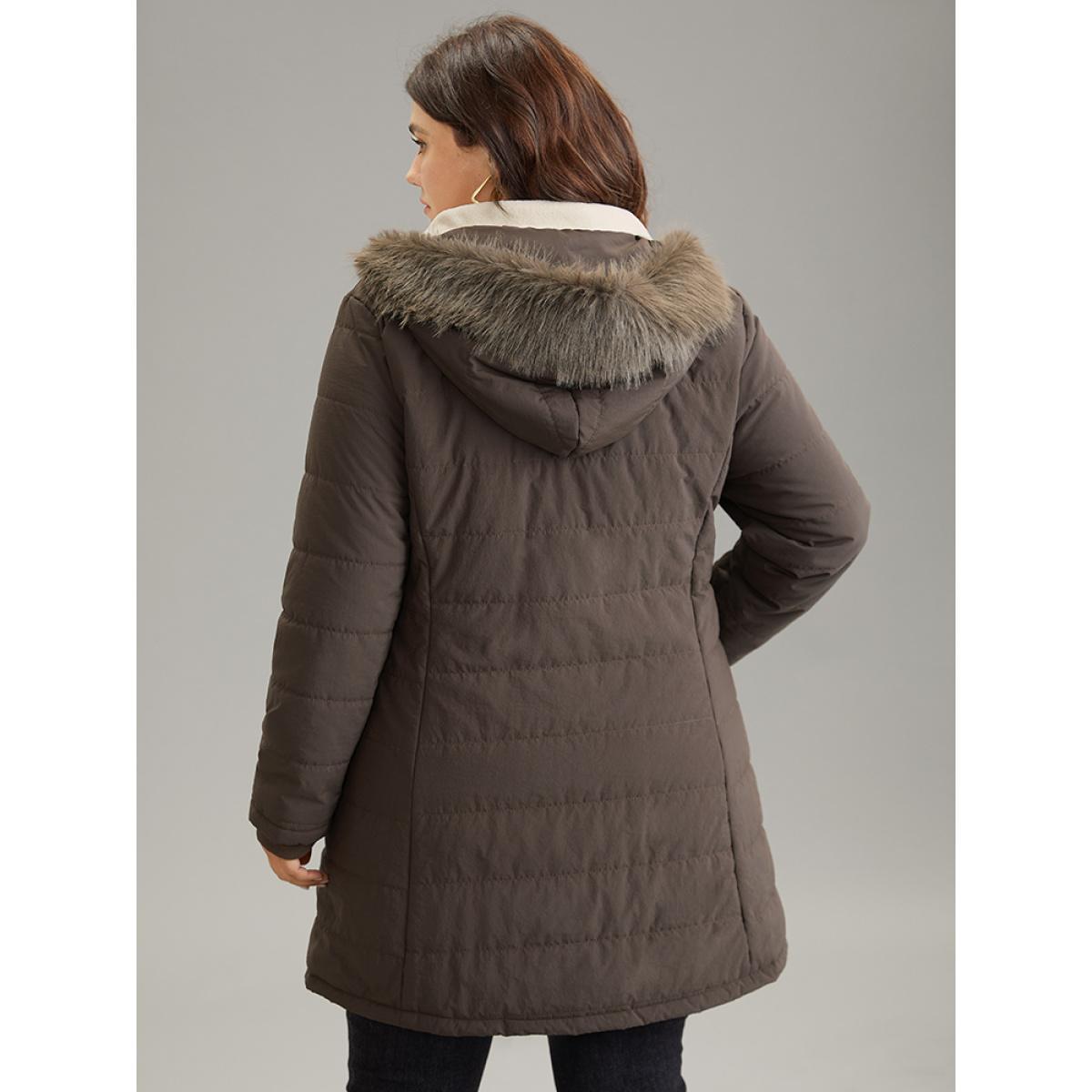 Plus Size Contrast Pocket Fuzzy Detail Zipper Fly Coat Women DarkBrown Casual Rib Knit Ladies Dailywear Winter Coats BloomChic 22-24/3X Product Image