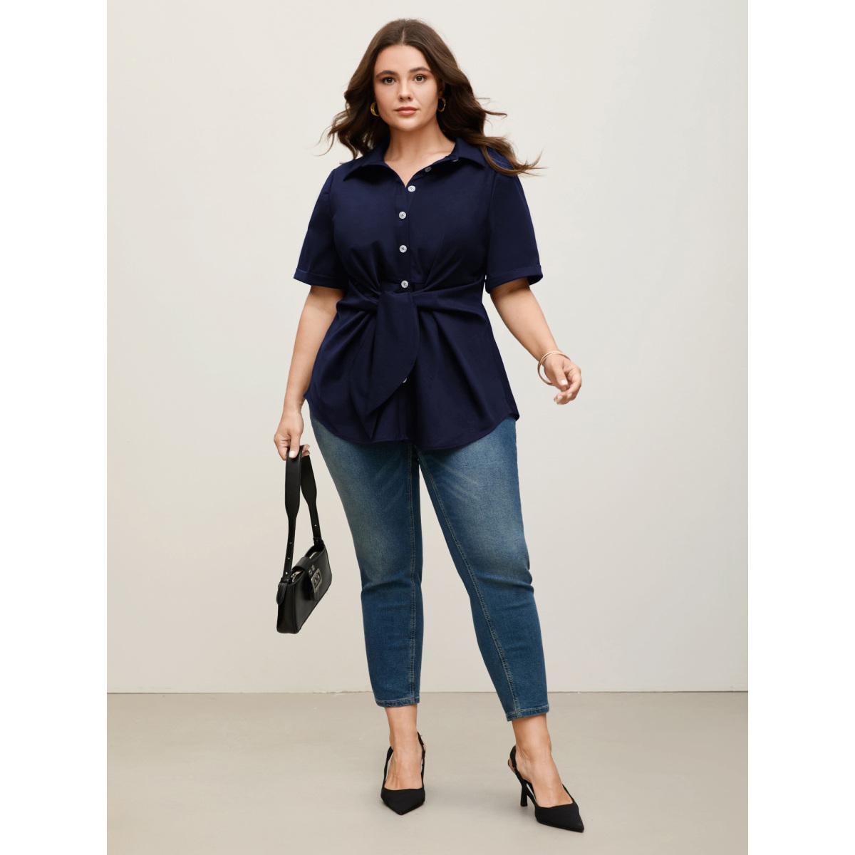 Plus Size Black Knotted Front Asymmetrical Hem Blouse Women Short sleeve Shirt collar Work Blouses BloomChic 12/L Product Image