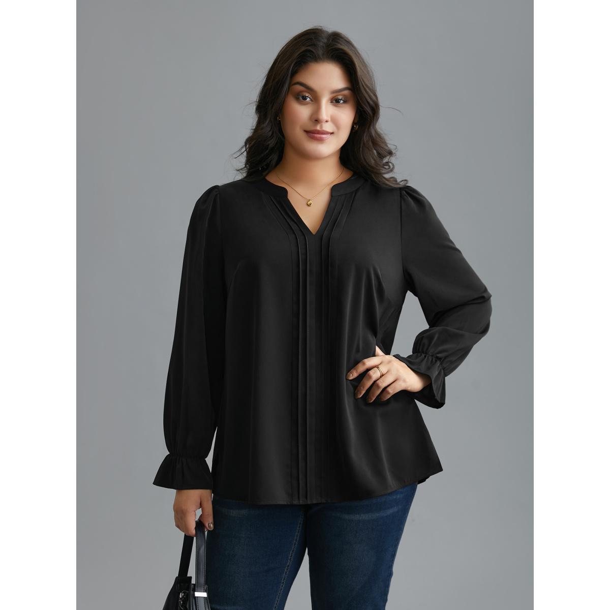 Plus Size Black Notched Collar Pleated Lantern Sleeve Blouse Women At the Office Long Sleeve Notched collar Work Blouses BloomChic 28/5X Product Image