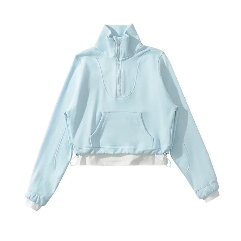 Long-Sleeve High Neck Two-Tone Drawstring Pullover Product Image