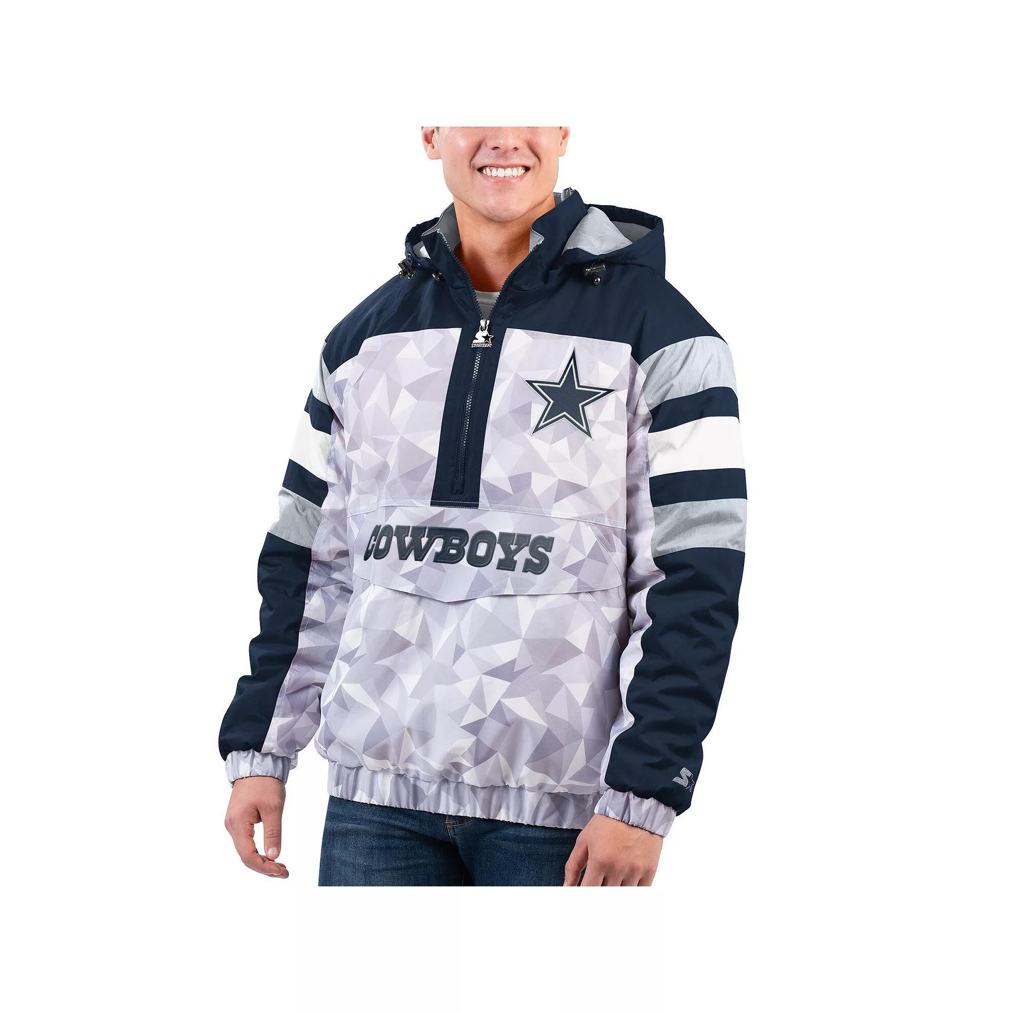 Men's Starter White/Navy Dallas Cowboys Thursday Night Gridiron Raglan Half-Zip Hooded Jacket, Size: Small, Grey Product Image