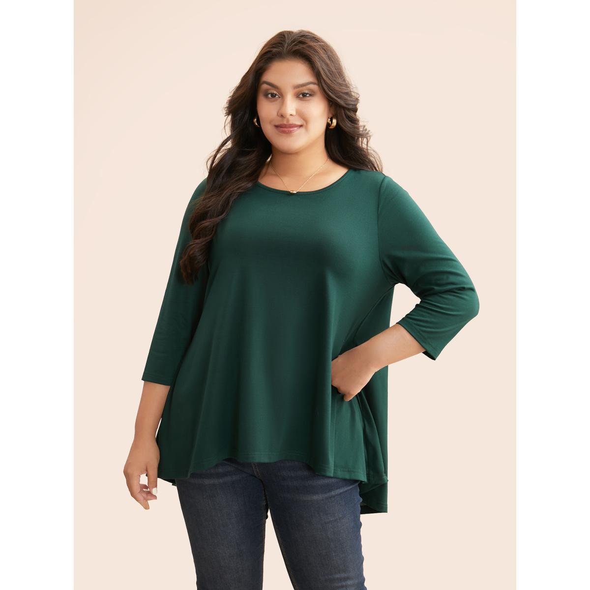 Plus Size Solid Crew Neck Medium Stretch T-shirt DarkGreen Women Casual Non Round Neck Everyday T-shirts BloomChic 12/L Product Image