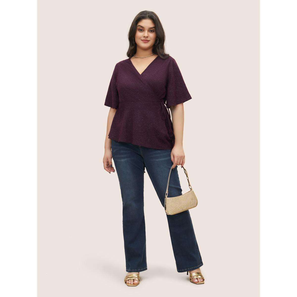 Plus Size Purple Plain Texture Wrap Ties Asymmetrical Hem Blouse Women Cocktail Short sleeve Overlap Collar Party Blouses BloomChic 22-24/3X Product Image