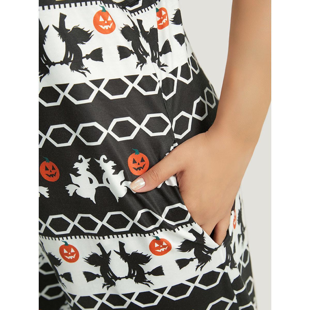 Plus Size Black Halloween Witch & Pumpkin Pattern Striped Jumpsuit Women Casual Sleeveless Spaghetti Strap Festival-Halloween Loose Jumpsuits BloomChic 18-20/2X Product Image