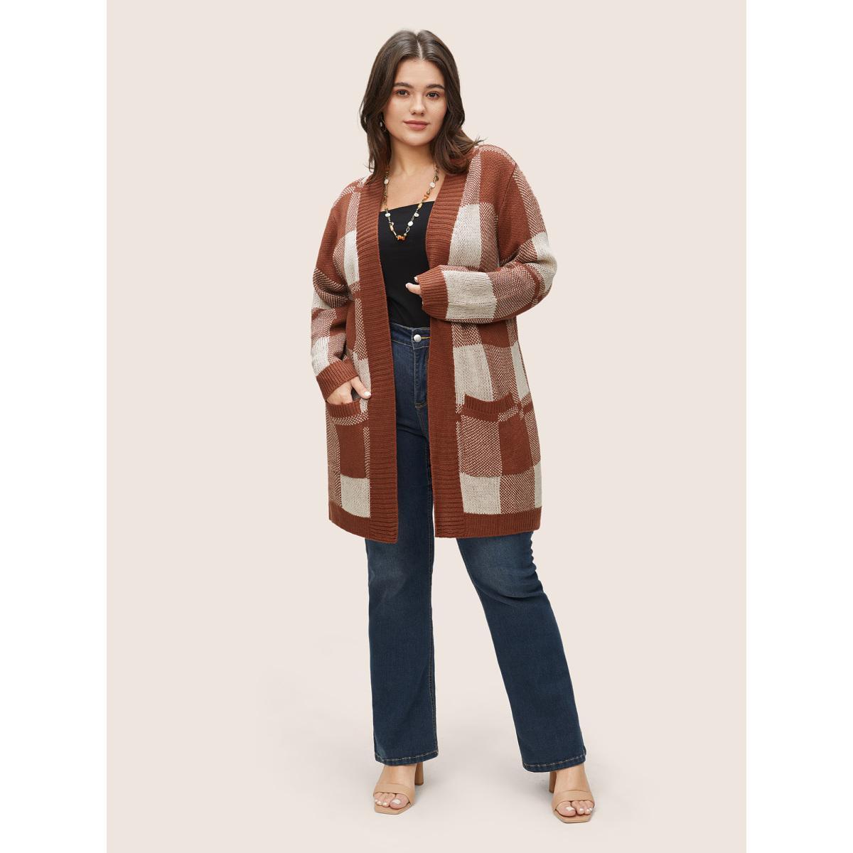 Plus Size Contrast Colorblock Pocket Open Front Cardigan Brown Women Casual Loose Long Sleeve Dailywear Cardigans BloomChic 10/M Product Image
