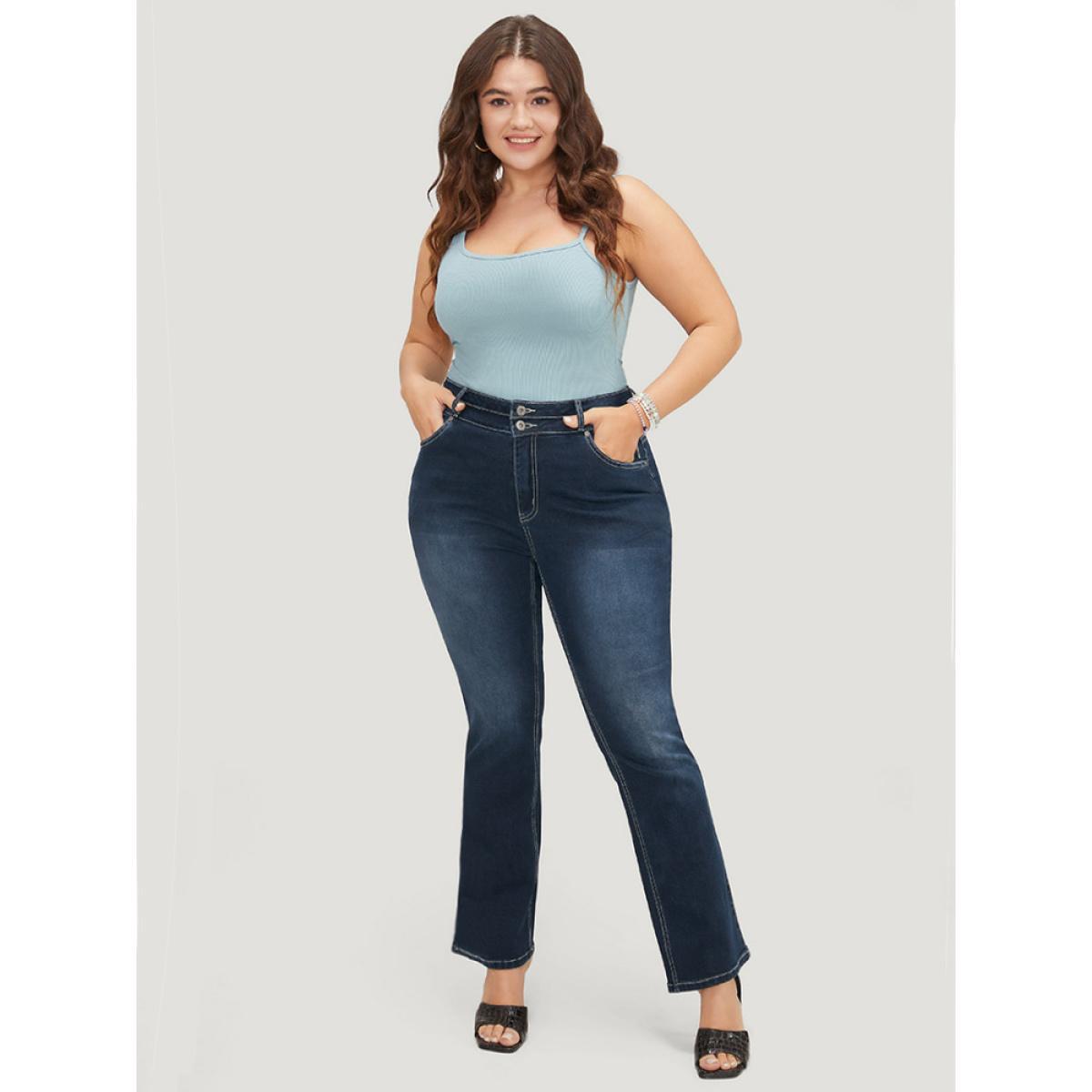 Plus Size Very Stretchy High Rise Dark Wash Contrast Stitching Jeans Women DarkBlue Casual Plain High stretch Pocket Jeans BloomChic 20/2X Product Image