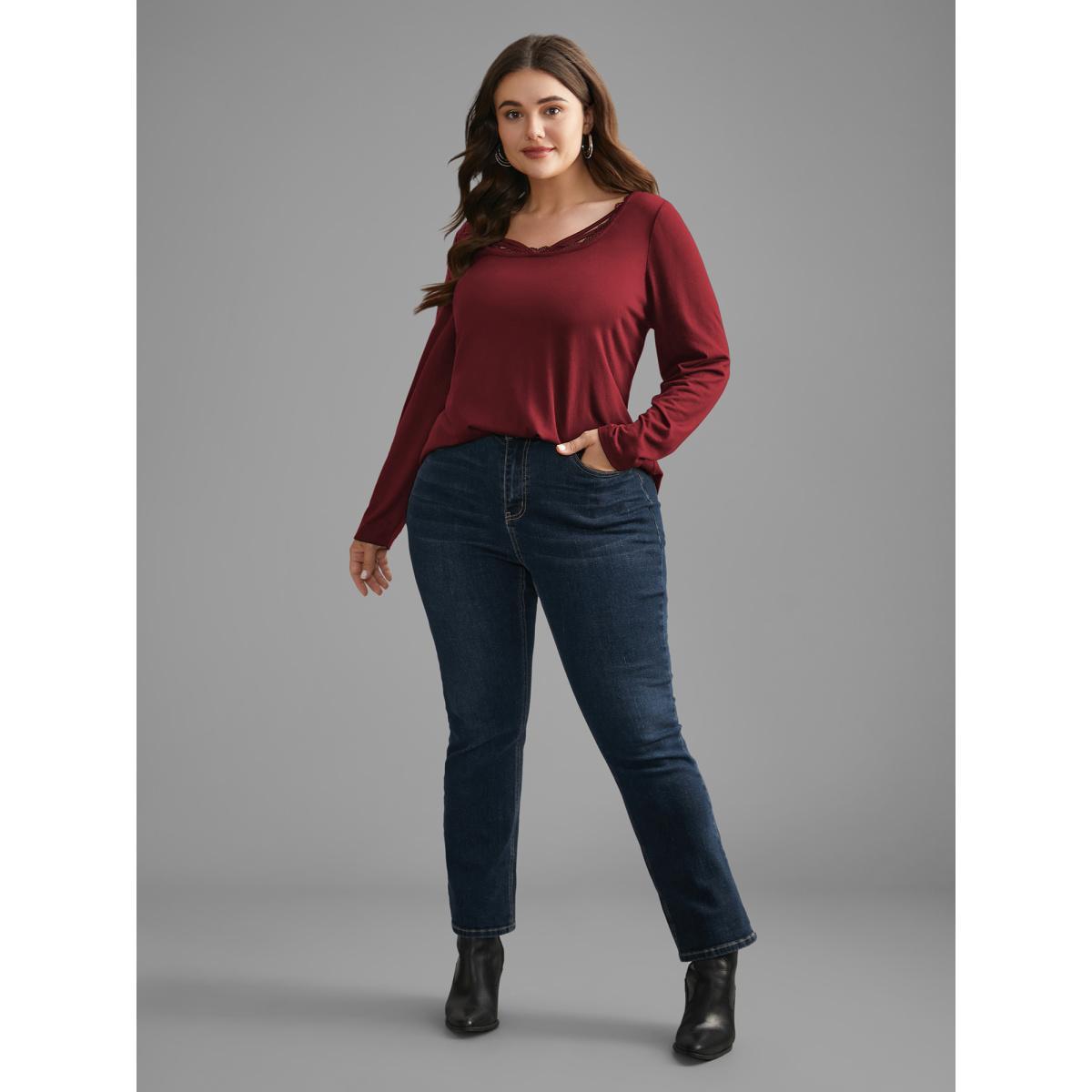 Plus Size Plain Lace Patchwork Crisscross T-shirt Burgundy Women Casual Patchwork U-neck Everyday T-shirts BloomChic 10/M Product Image