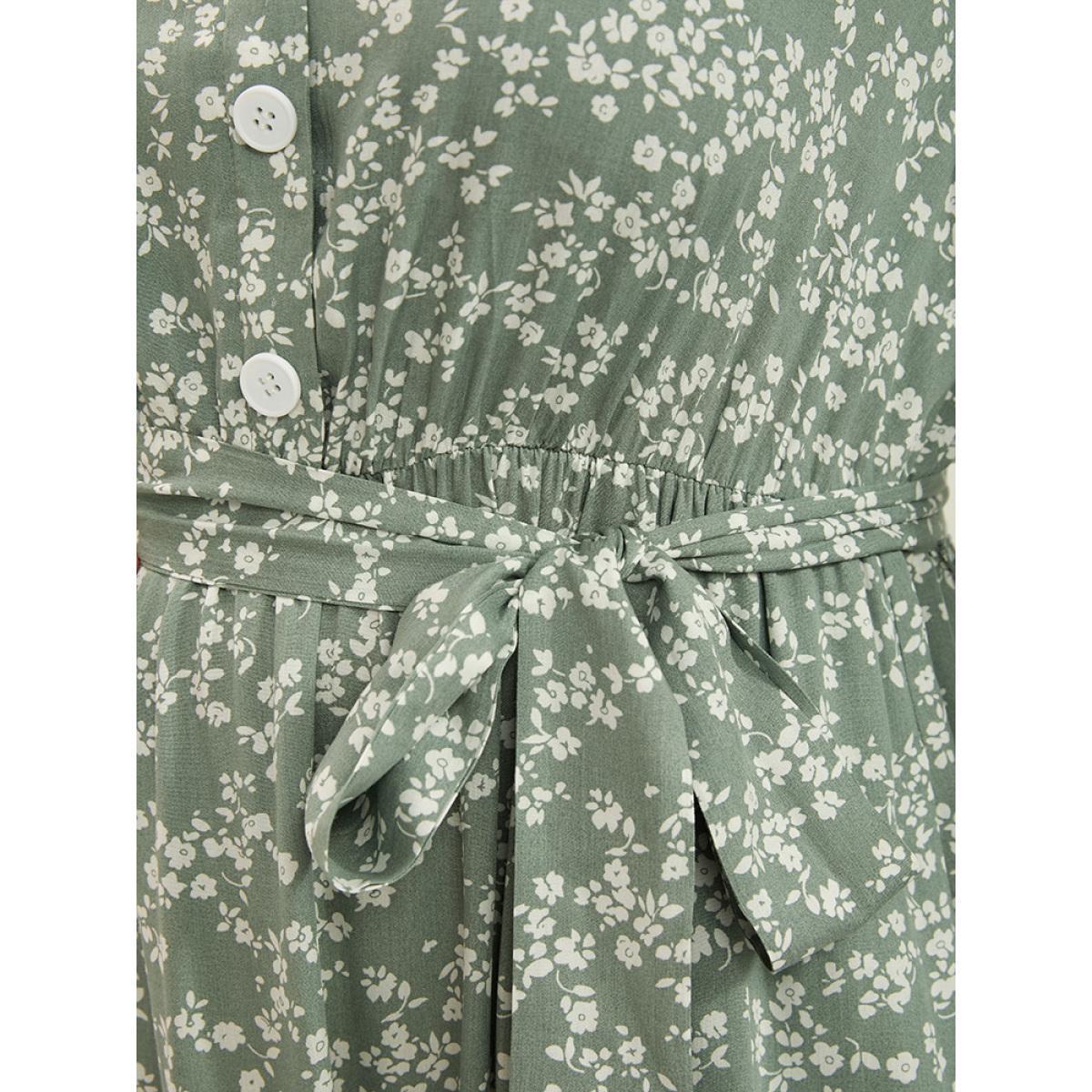 Plus Size Ditsy Floral Lantern Sleeve Pocket Button Through Belted Midi Dress Sage Women Elegant Button V-neck Long Sleeve Curvy Midi Dress BloomChic 30/6X Product Image