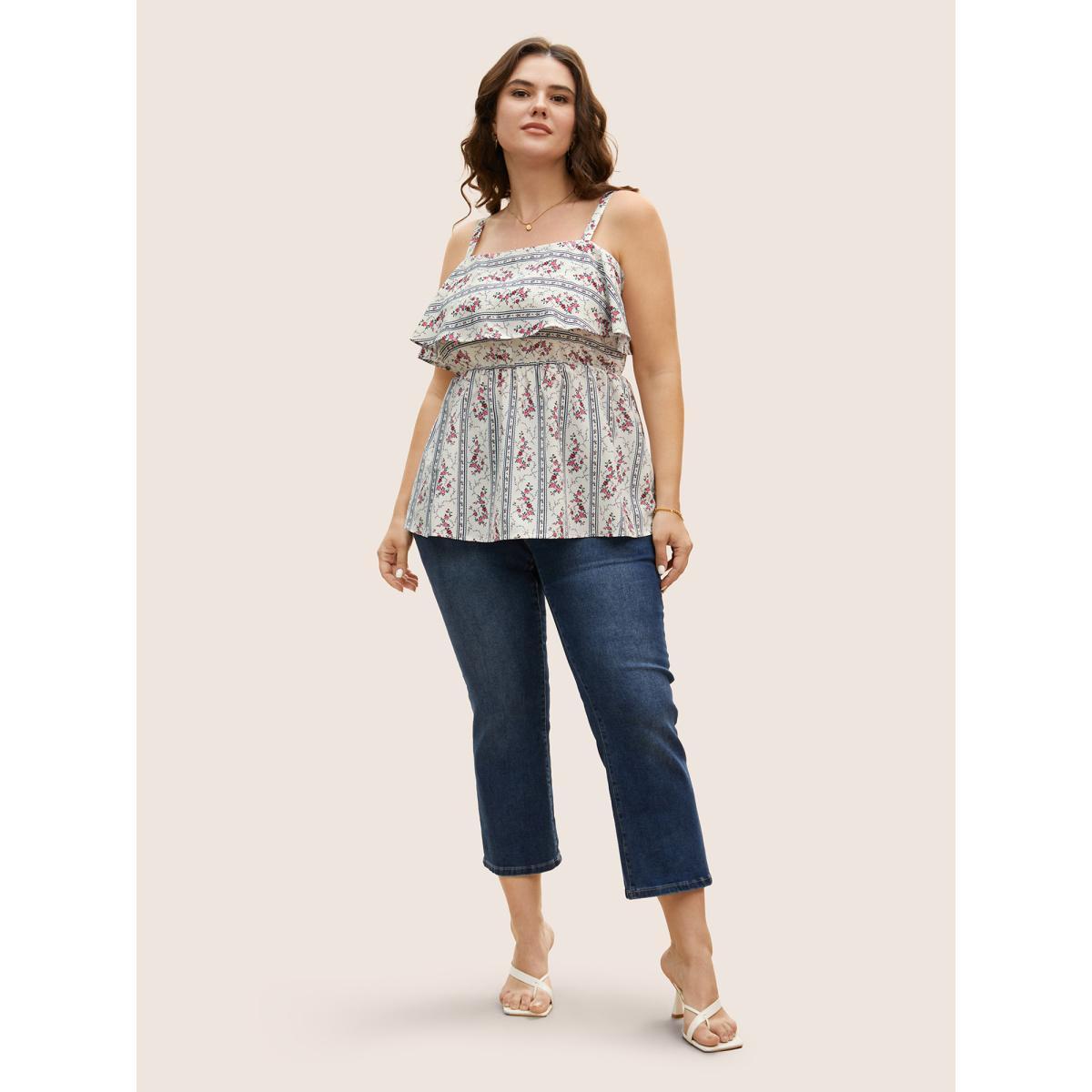 Plus Size Boho Print Ruffle Trim Elastic Waist Cami Top Women Originalwhite Elegant Contrast One-shoulder neck Everyday Tank Tops Camis BloomChic 30/6X Product Image