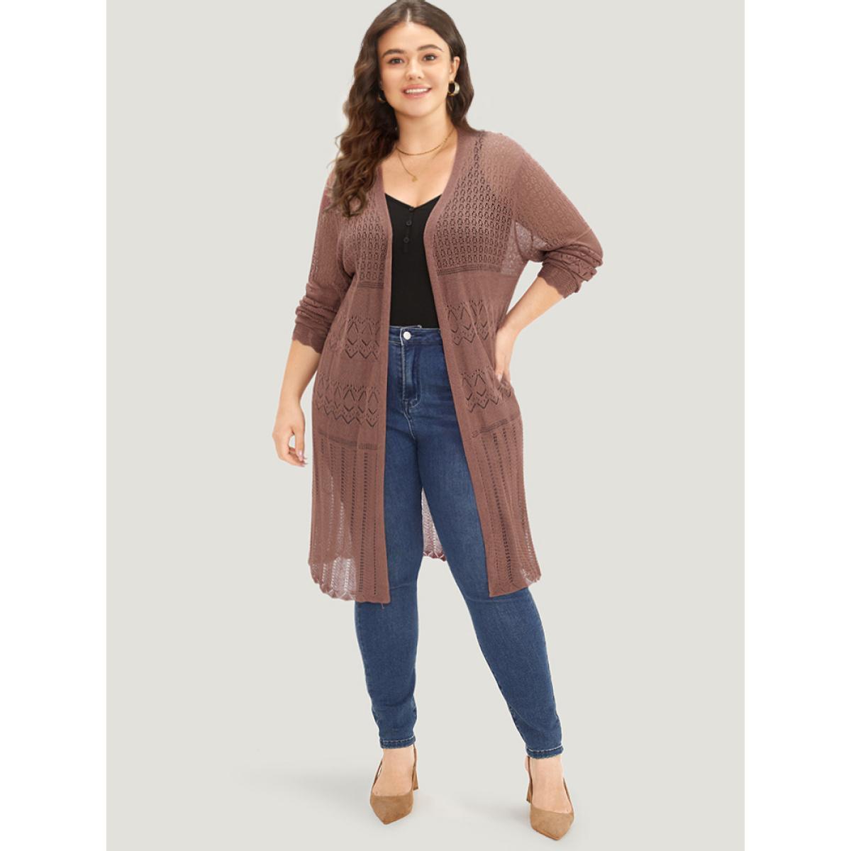 Plus Size Geometric Eyelet Open Front Maxi Cardigan Rust Women Casual Loose Long Sleeve Everyday Cardigans BloomChic 14-16/1X Product Image