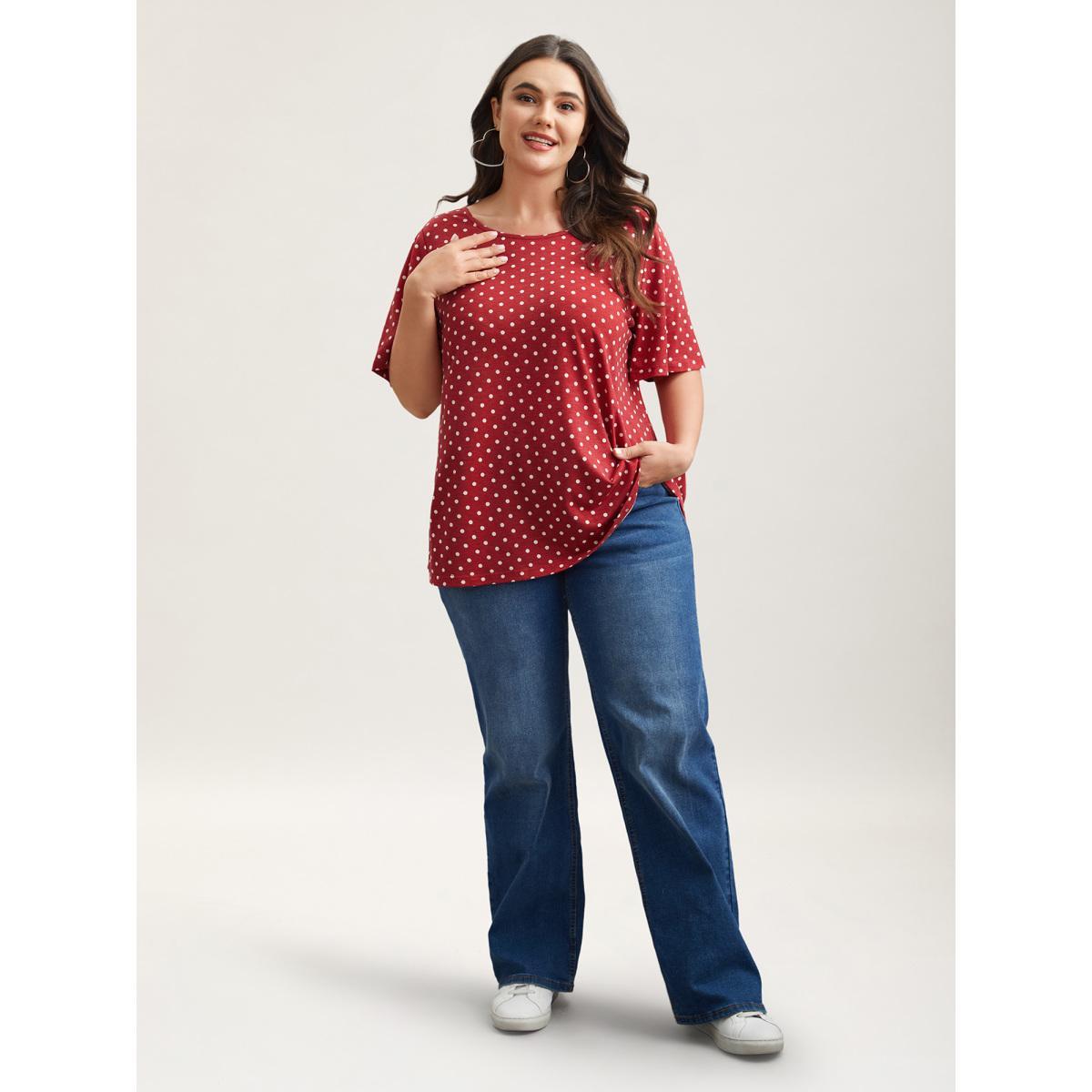 Plus Size Polka Dot Back-Tie Flared Sleeve T-Shirt Raspberry Women Casual Gathered Round Neck Everyday T-shirts BloomChic 14-16/1X Product Image