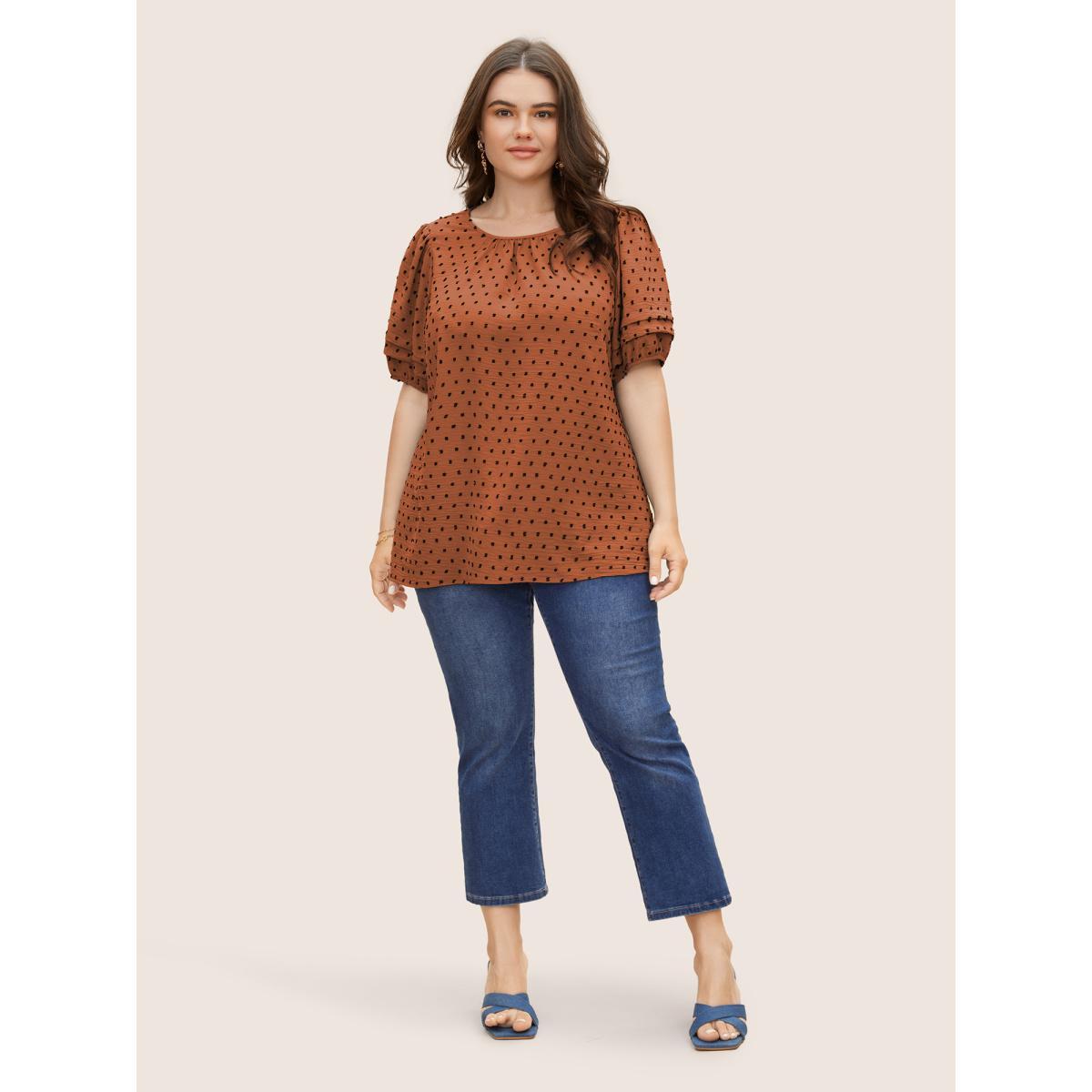 Plus Size Rust Textured Polka Dot Blouse Women Elegant Short sleeve Round Neck Everyday Blouses BloomChic 12/L Product Image