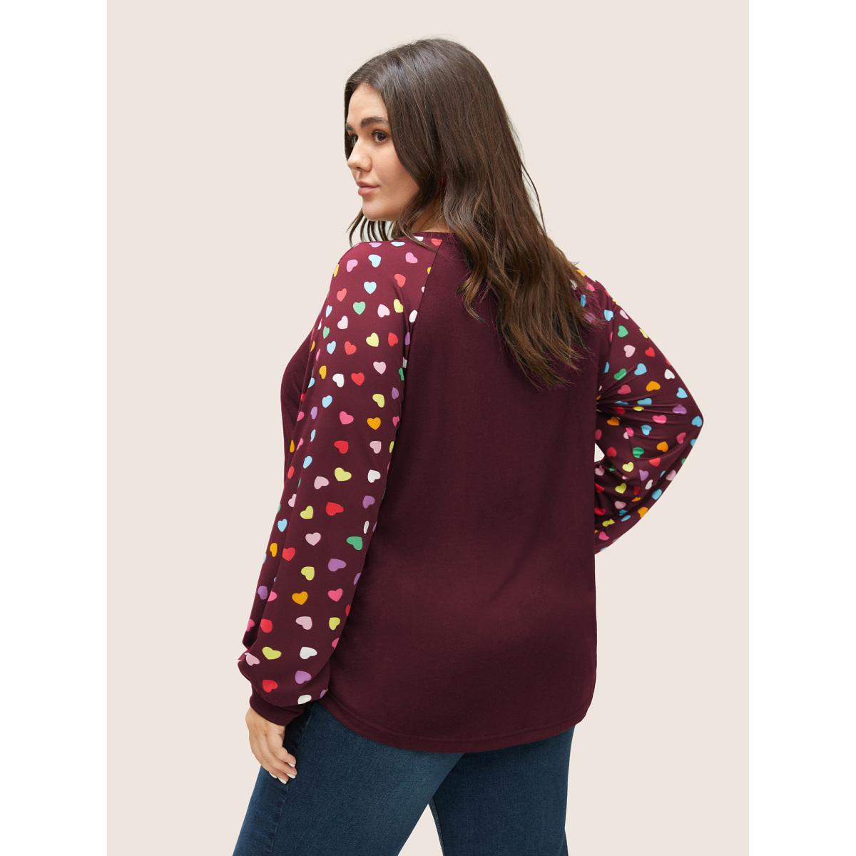 Plus Size Colour Heart Print Raglan Sleeve T-shirt Burgundy Women Elegant Non Heart Print Round Neck Everyday T-shirts BloomChic 14-16/1X Product Image