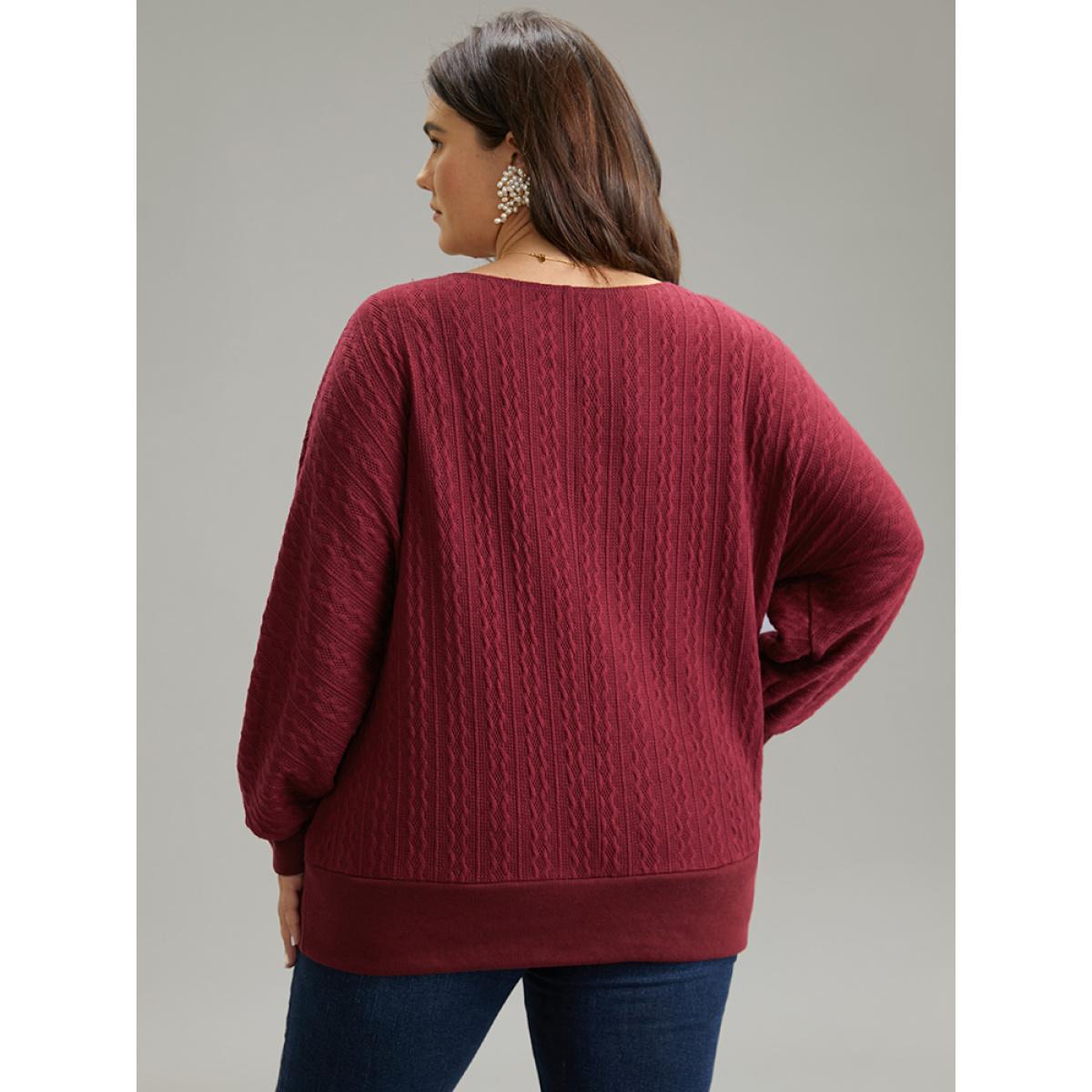 Plus Size Solid Rib Knit V Neck Sweatshirt Women Burgundy Casual Rib Knit V-neck Dailywear Sweatshirts BloomChic 26/4X Product Image