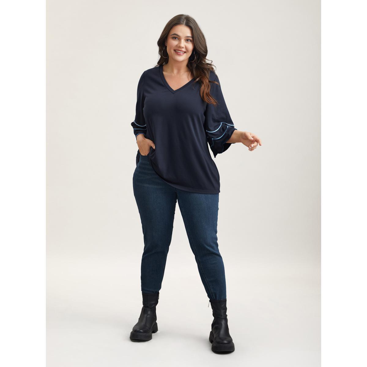 Plus Size Embroidered Trumpet Sleeve V-Neck T-Shirt Indigo Women Casual Embroidered V-neck Everyday T-shirts BloomChic 12/L Product Image