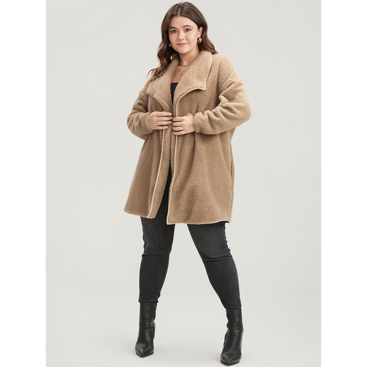 Plus Size Solid Pocket Open Front Teddy Coat Women LightBrown Casual Plain Loose Ladies Dailywear Winter Coats BloomChic 22-24/3X Product Image