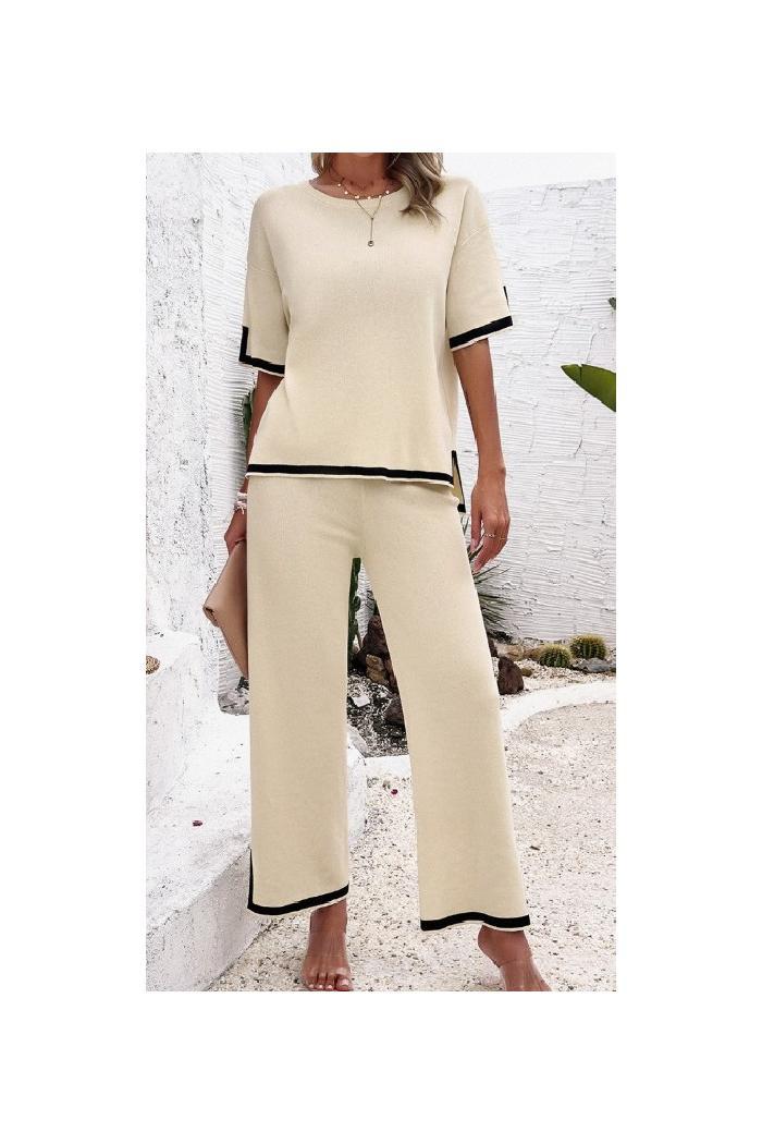 Casual Solid Color Knitted Short-Sleeved Sweater and Pants Set Product Image