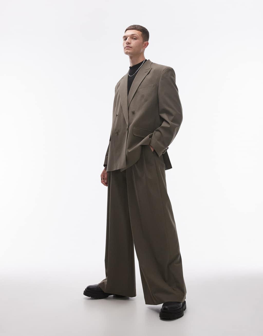 Topman relaxed deconstructed double breasted suit jacket in khaki Product Image
