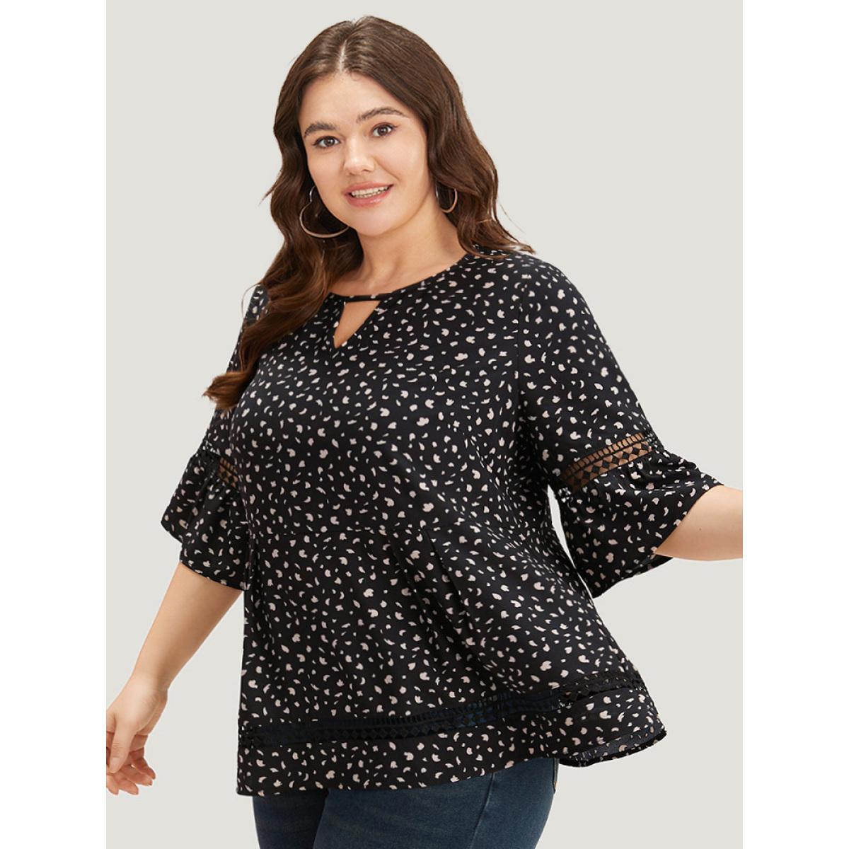 Plus Size Black Leopard Print Flutter Sleeve Keyhole Hollow Out Blouse Women Elegant Half Sleeve Keyhole Cut-Out Dailywear Blouses BloomChic 12/L Product Image
