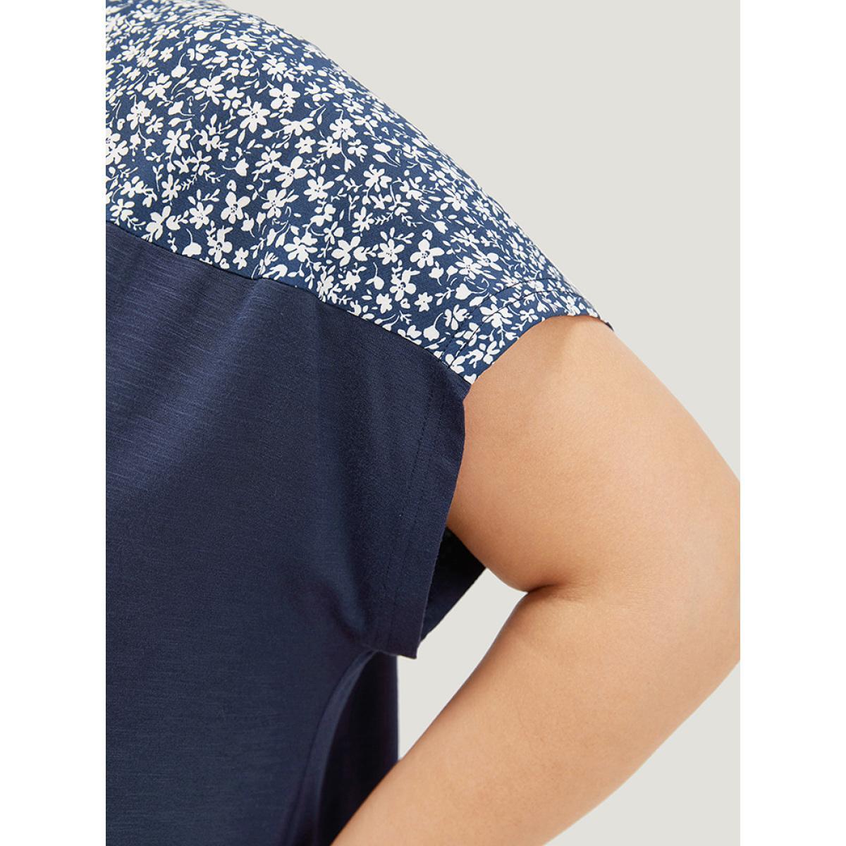 Plus Size Ditsy Floral Patchwork Lace Up Notched T-shirt Indigo Women Elegant Cross straps Ditsy Floral Notched collar Dailywear T-shirts BloomChic 14-16/1X Product Image