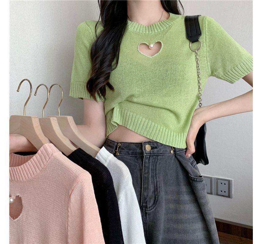Short-Sleeve Round Neck Plain Heart Keyhole Faux Pearl Knit Top Product Image